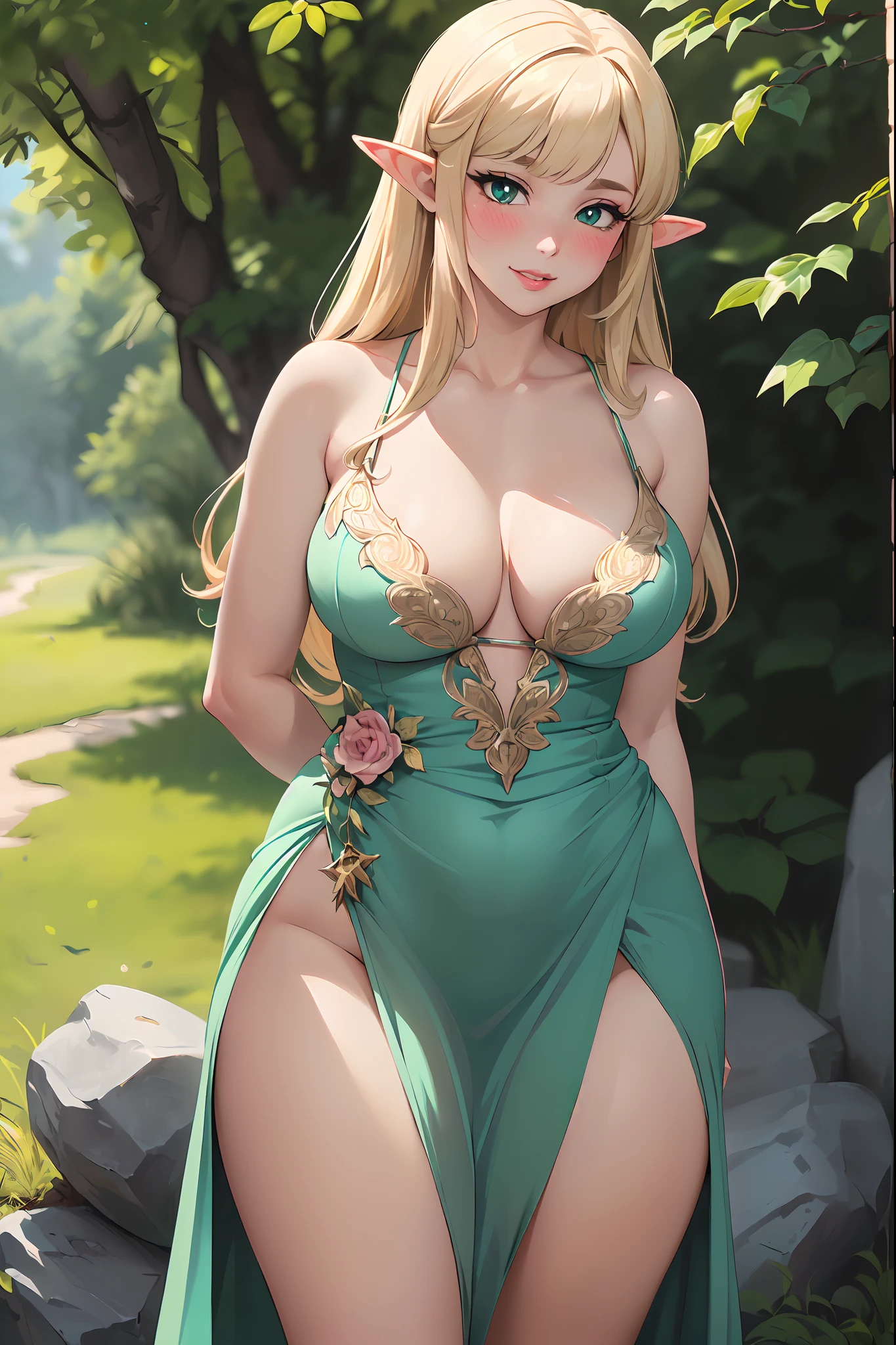 (Best quality,Unbeatable masterpiece:1.4),Ultra-detailed CG 4K,(Ultra-Detailed Clear Absurdly-Vivid Mint Big Eyes:1.2),Gorgeous Round Detailed Face(voluptuous:1.4)elf(Voluminous Long Blonde Hair: 1.4),Adult(bangs, side locks:1.2)Seductive(Intricately beautiful dresses:1.3)(Zelda)(celestine lucullus: 1.2)(Solo:1.4)(1girll: 0.5)(facingviewer:1.2)(arms back behind:1.2)(Cowboy shot:1.2)(From above:1.1),skin indentation(Curvaceous:1.4)(Curvy:1.4)(Bimbo: 1.4)(normal waist: 1.2)(Thick lips: 1.3)small-nose(Light smile: 1.2)Rocks,Green trees, A plant,Bush, (Shy blush:1.4) Dynamic pose