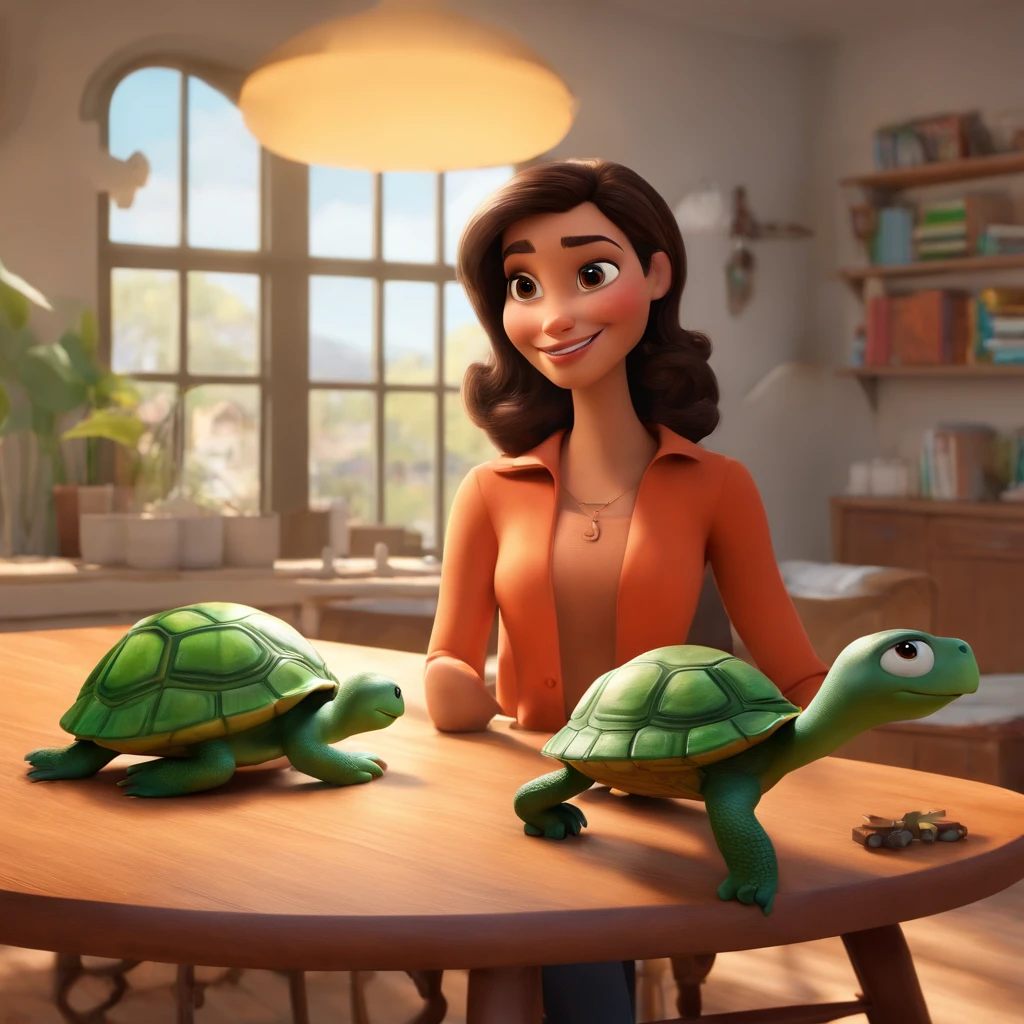 fundo branco, pixar desenhos animados 3D, There is a table with comic books on top and a camera , ::estilo pixar cartoon, Woman is looking forward, dark brown hair wavy to the shoulder, There's a happy turtle next to her.