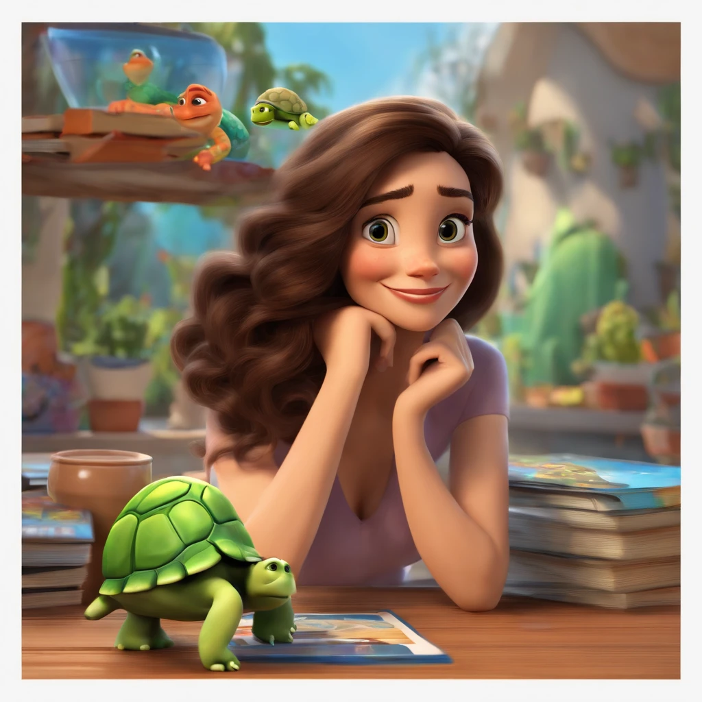 fundo branco, pixar desenhos animados 3D, There is a table with comic books on top and a camera , ::estilo pixar cartoon, Woman is looking forward, dark brown hair wavy to the shoulder, There's a happy turtle next to her.