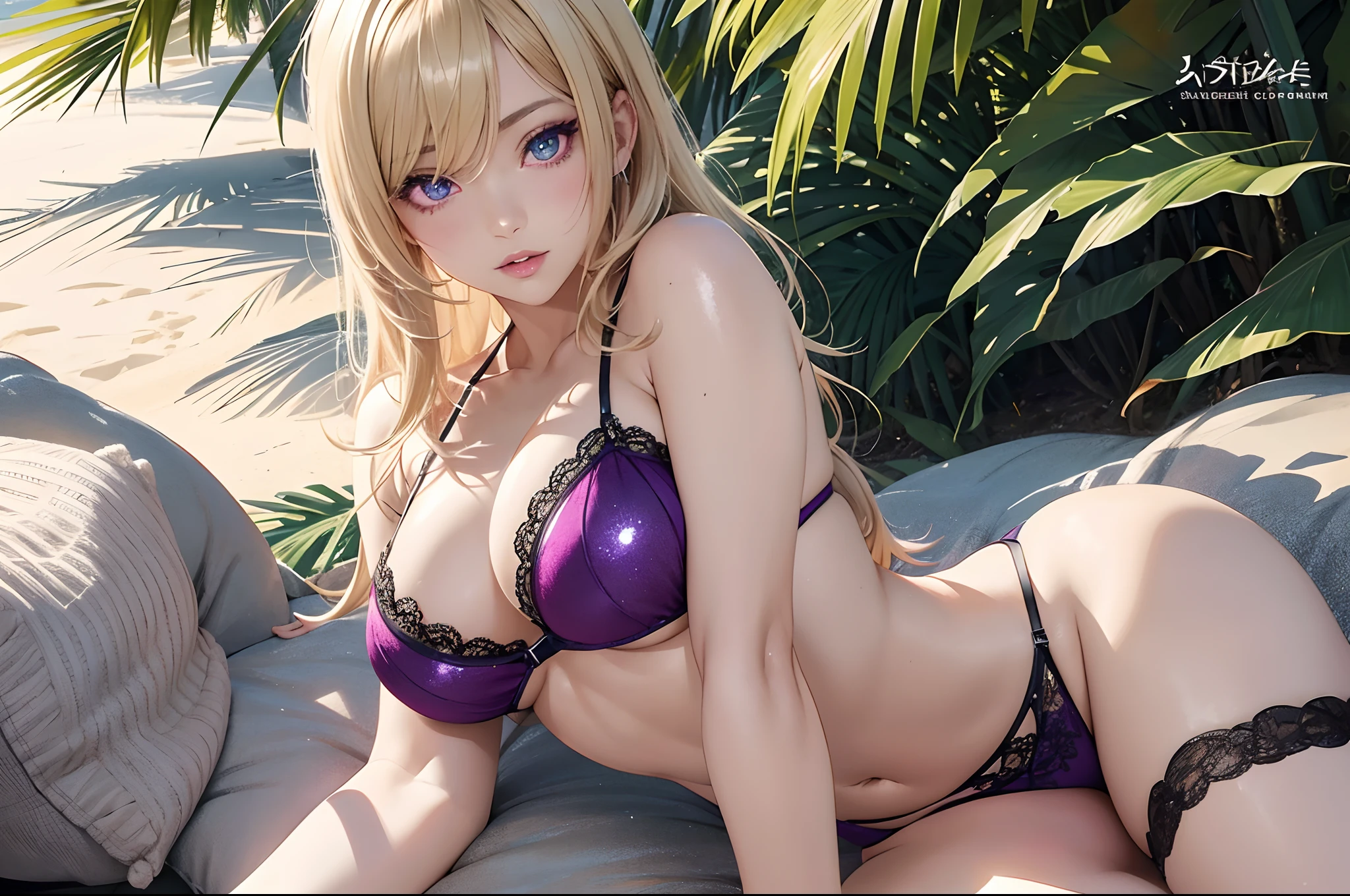 Realistic, Hyper Detail, Girls Only,  Dynamic Lighting, (Glossy skin: 1.5), Masterpiece, Top Quality, Absurdity, , one side short layered bob,((Blonde:0,7) and (light purple inner color:0.3) Hair), deep Purple Clear Eyes,((Beautiful, detailed eyes, jewel-like eyes, sparkling eyes:1.3)) BREAK 
a woman in a lingerie standing on a beach next to a tree, seductive anime girl, beautiful alluring anime woman, beautiful alluring anime teen, attractive anime girl, beautiful anime girl, realistic bikini, beautiful anime woman, anime girl, pretty anime girl, swimsuit, beautiful anime, beautiful anime artwork, | fine detail anime, anime best girl, detailed digital anime art