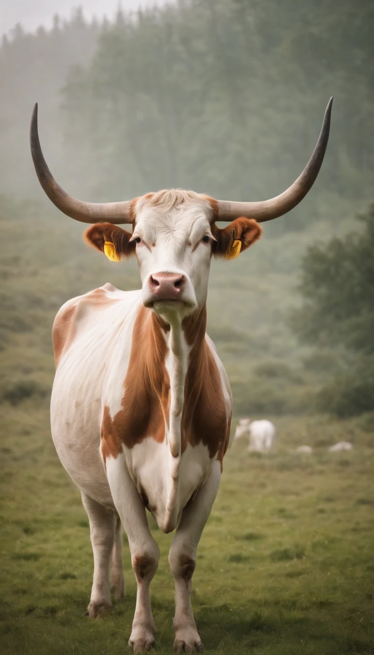 In a captivating and surreal scene, a cow dressed in garments that symbolize its role as a bestower of revelations is being gently fed cola, without a specific brand, into its mouth. The cow's attire could include mystical robes adorned with ancient symbols or patterns representing enlightenment and wisdom. Its demeanor is serene and regal, as if embodying the essence of spiritual guidance and profound insight. The setting is serene, perhaps a peaceful meadow or a sacred garden, where seekers come to receive the cow's wisdom and enlightenment.