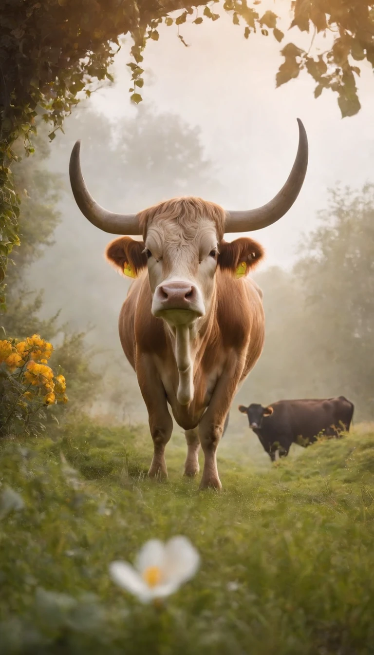 Cows in the zodiac，The horns are thick，Pure brown hair。He has the aura of the Holy Spirit on his body，Surrounded by a magical fog，On the green grass，Strong，standing tall，Myth，Fantasy，Very mysterious。Meadows in Wonderland，There are many fairy-tale palaces here