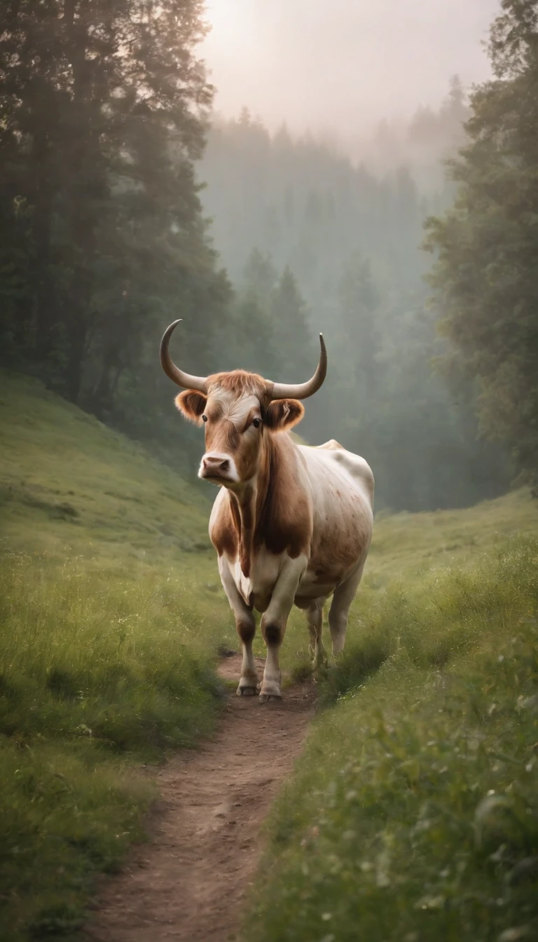 Cows in the zodiac，The horns are thick，Pure brown hair。He has the aura of the Holy Spirit on his body，Surrounded by a magical fog，On the green grass，Strong，standing tall，Myth，Fantasy，Very mysterious。Meadows in Wonderland，There are many fairy-tale palaces here