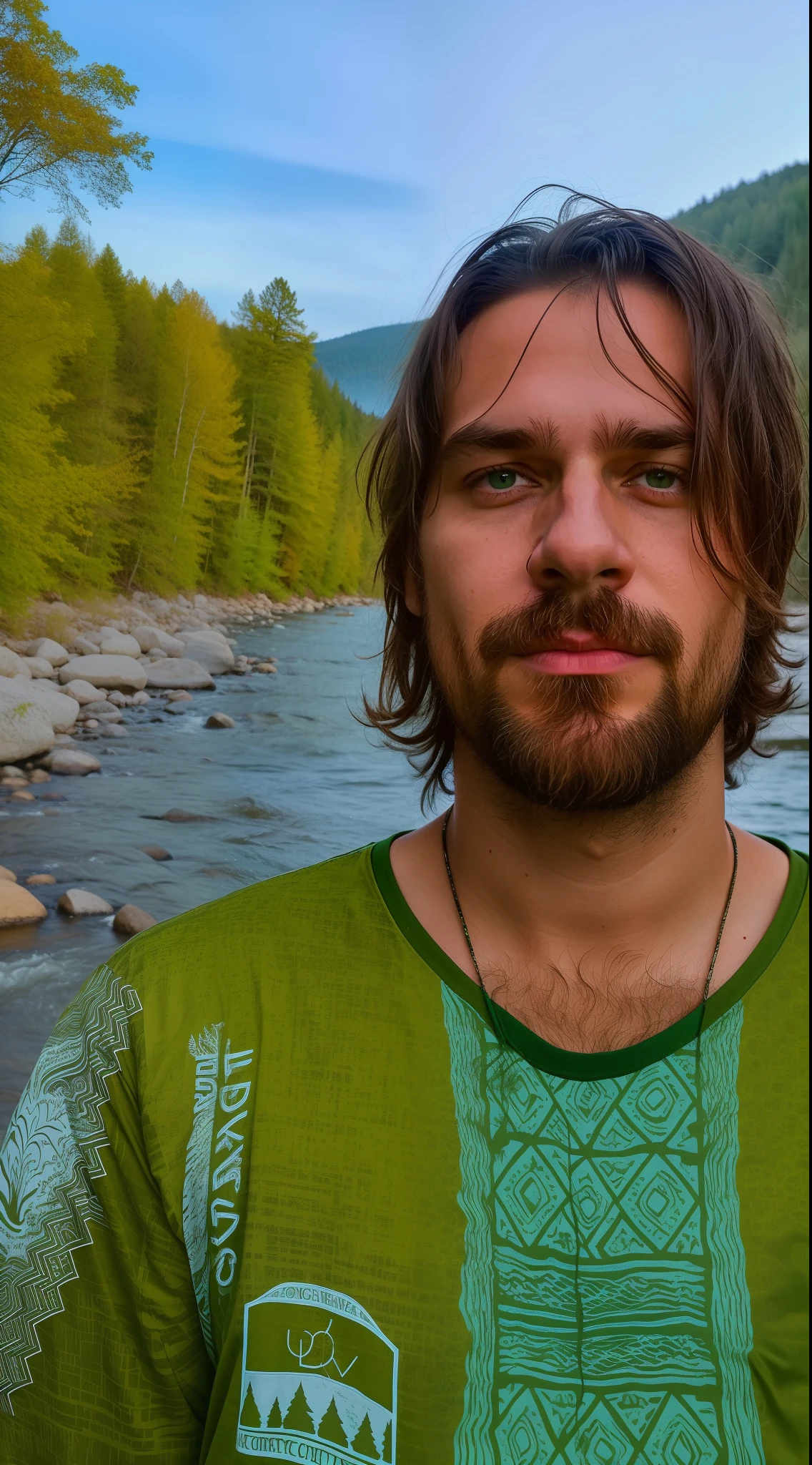 There's a man standing in front of a river in a green shirt, Konstantin Porubov, Andreas M Wiese, em glitchart jared forest, jony ives, inspirado em Justin Currie, Chriss Foss, Paulo Barson, Greg Rutkowski ", Michael Kutsche, River in front of you, Maxim Shirkov