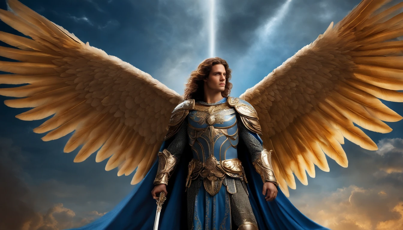 male character, The archangel Michael, Celestial image, intricate details, realistic, BLUE and large wings, celestial background, Catholic illustrative image of the archangel Michael, Male character from the Bible, Michael is wearing his angelic armor, Maximum details and his face is STRONG and angelic wings, Perfect and realistic skin, Maximum image quality, Miguel stands out in the image with strong and attractive colors.