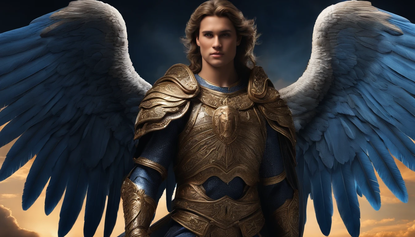 male character, The archangel Michael, Celestial image, intricate details, realistic, BLUE and large wings, celestial background, Catholic illustrative image of the archangel Michael, Male character from the Bible, Michael is wearing his angelic armor, Maximum details and his face is STRONG and angelic wings, Perfect and realistic skin, Maximum image quality, Miguel stands out in the image with strong and attractive colors.