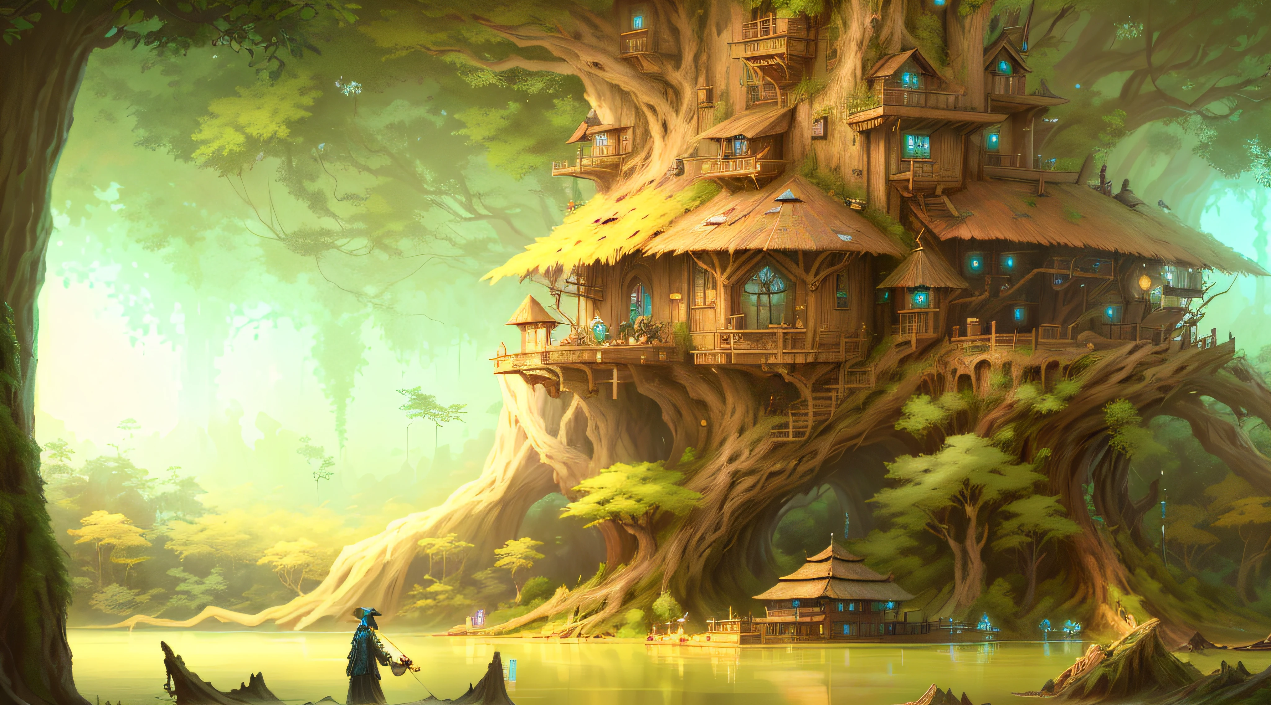 There is a painting of a tree house in the middle of the lake, cyberpunk tree house, highly detailed fantasy art, environment concept art, tree town, Art fantastique grand angle, made of tree and fantasy valley, fantasy highly detailed,  highly realistic concept art, Digital 2D fantasy art，真实感，8K