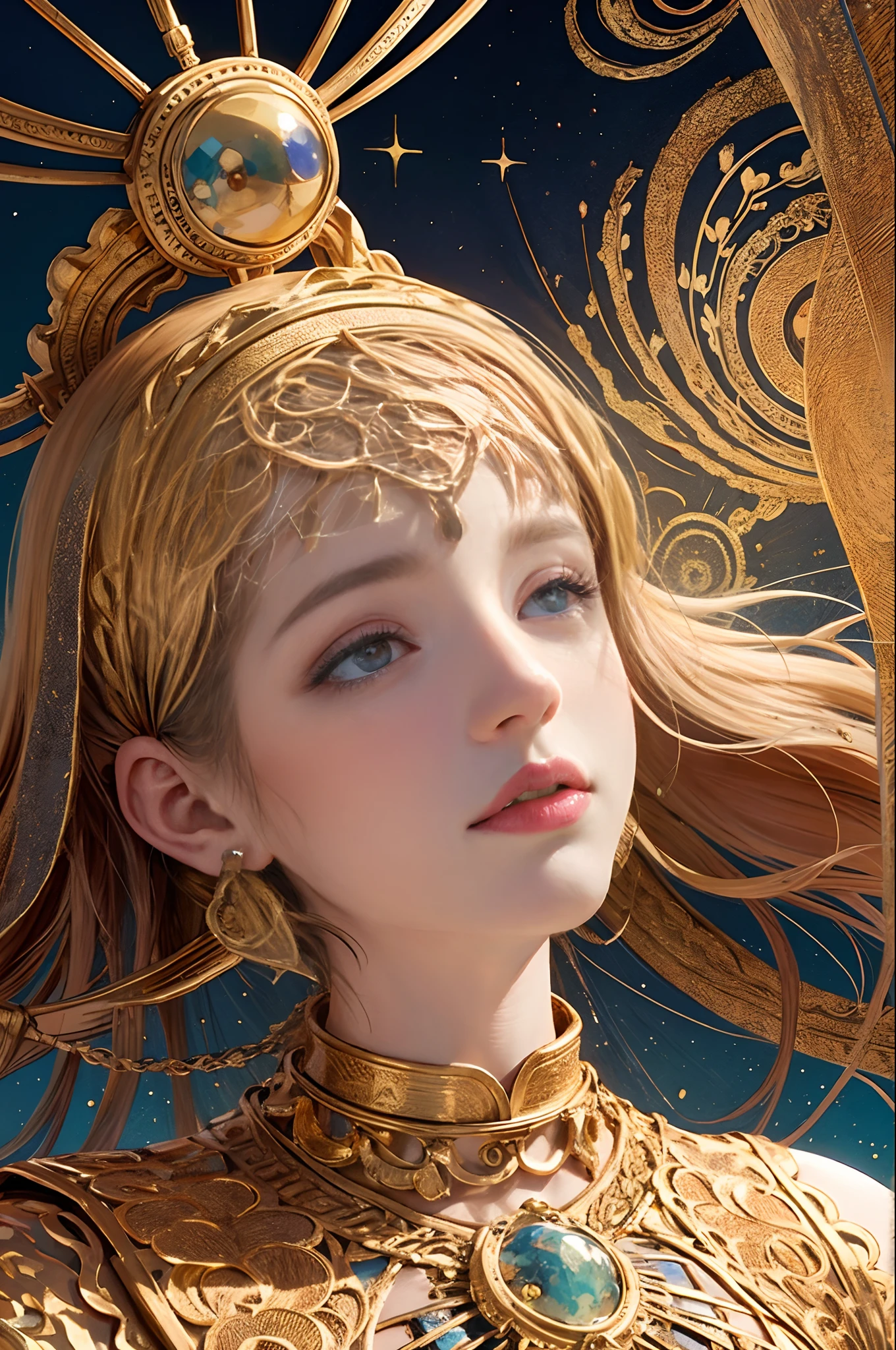 (masterpiece, top quality, best quality, official art, beautiful and aesthetic:1.2), (1girl), extreme detailed,colorful,highest detailed, official art, unity 8k wallpaper, ultra detailed, beautiful and aesthetic, beautiful, masterpiece, best quality, (zentangle, mandala, tangle, entangle) ,holy light,gold foil,gold leaf art,glitter drawing, PerfectNwsjMajic