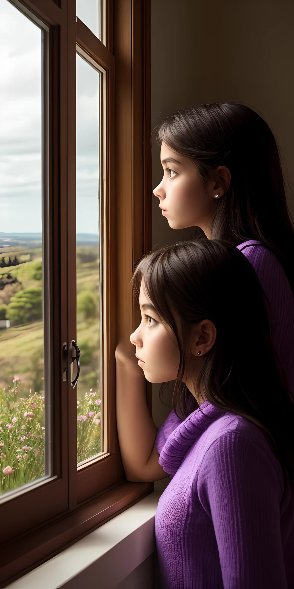 Princess,staring out of a window,deep in thought,sad expression,purple dress,overgrowth surrounding the window,view from outside looking in,(best quality,4k,8k,highres,masterpiece:1.2),ultra-detailed,(realistic,photorealistic,photo-realistic:1.37),castle,window,royal atmosphere,gentle lighting,serene setting,lush garden scenery,fine details in the princess' face and clothing,delicate jewelry,lavish interior decoration,royal insignia,expansive landscape in the background,faint sunlight shining through the window,tranquil ambiance,calm emotions,subtle shadows,dreamy color palette,carefully crafted brushstrokes,sophisticated art style, outside of castle view! OUTISDE, ONE PRINCESS