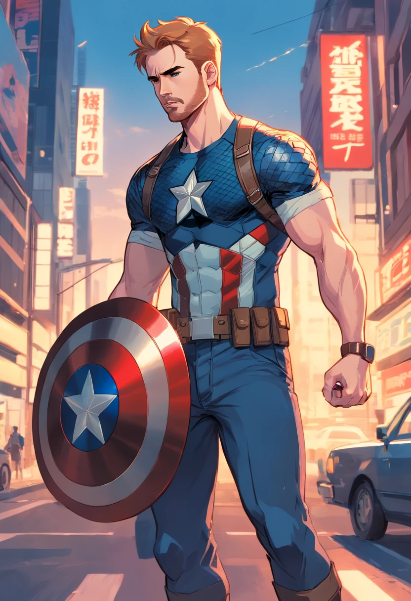 "A detailed illustration of Chris Evans as Captain America wearing a t-shirt, Olhando para o horizonte."