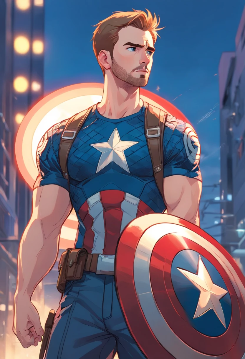"A detailed illustration of Chris Evans as Captain America wearing a t-shirt, Olhando para o horizonte."