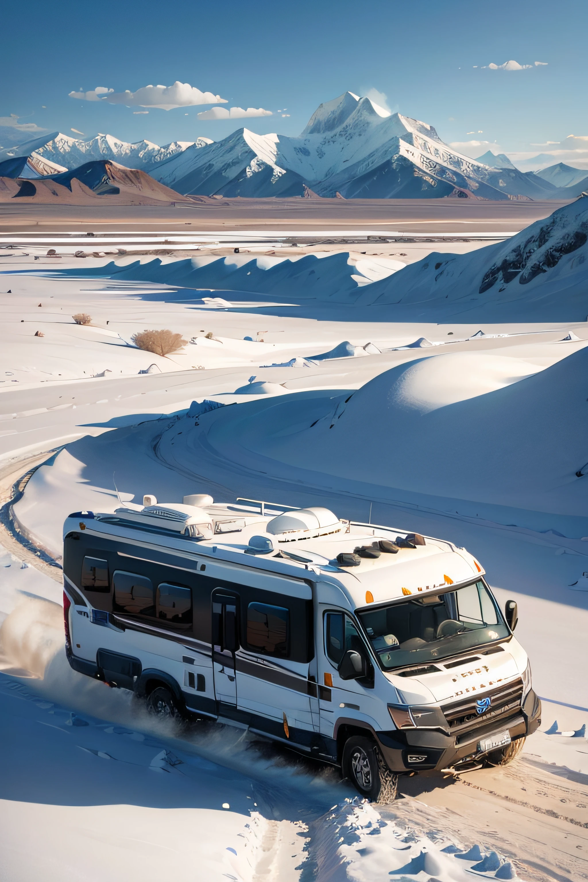 Off-road motorhomes speeding through the desert Gobi of the plateau,The snow-capped mountains in the distance are covered with a thick layer of snow,White clouds float in the blue sky。