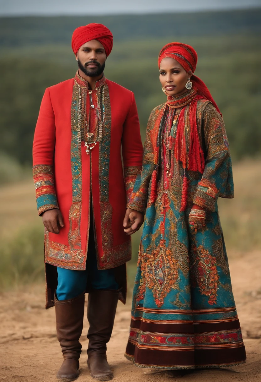 A full body view of a man and a woman. The attire for Safeer might encompass a mix of Russian clothing styles interwoven with patterns or details inspired by African tribal designs. This fusion could result in a unique blend that incorporates some traditional elements of Russian fashion along with the vibrant patterns and colors reminiscent of African tribal clothing, adding a distinct and colorful aspect to their garments. The clothing for cold weather in these regions could be made from locally available materials such as wool or fur, fashioned into long coats, hats, and boots to protect from the cold. Layering might be common, with garments designed to be adaptable to varying temperatures. Thick woolen clothing with intricate embroidery or patterns could be incorporated into their cultural attire, reflecting a blend of local and traded materials to address the needs of cold weather