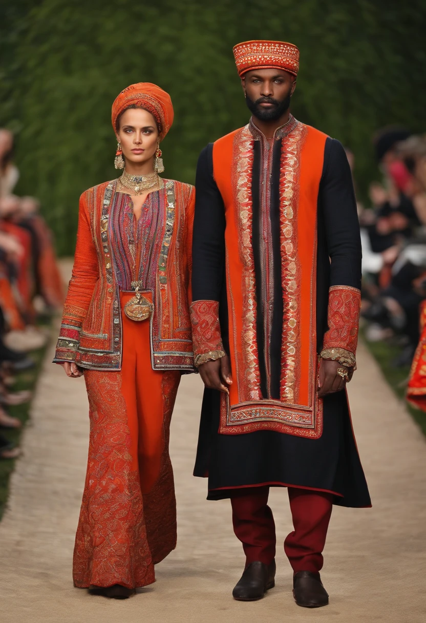 A full body view of a man and a woman. The attire for Safeer might encompass a mix of Russian clothing styles interwoven with patterns or details inspired by African tribal designs. This fusion could result in a unique blend that incorporates some traditional elements of Russian fashion along with the vibrant patterns and colors reminiscent of African tribal clothing, adding a distinct and colorful aspect to their garments. The clothing for cold weather in these regions could be made from locally available materials such as wool or fur, fashioned into long coats, hats, and boots to protect from the cold. Layering might be common, with garments designed to be adaptable to varying temperatures. Thick woolen clothing with intricate embroidery or patterns could be incorporated into their cultural attire, reflecting a blend of local and traded materials to address the needs of cold weather