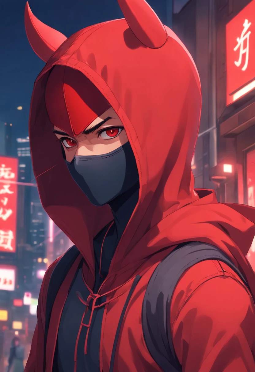 1male , Ninja Mask , Ninja Clothing with red trim , Black Bodysuit , Red Scarf , Standing in Highschool Hallway , Perfect Generation , Masterpiece Quality