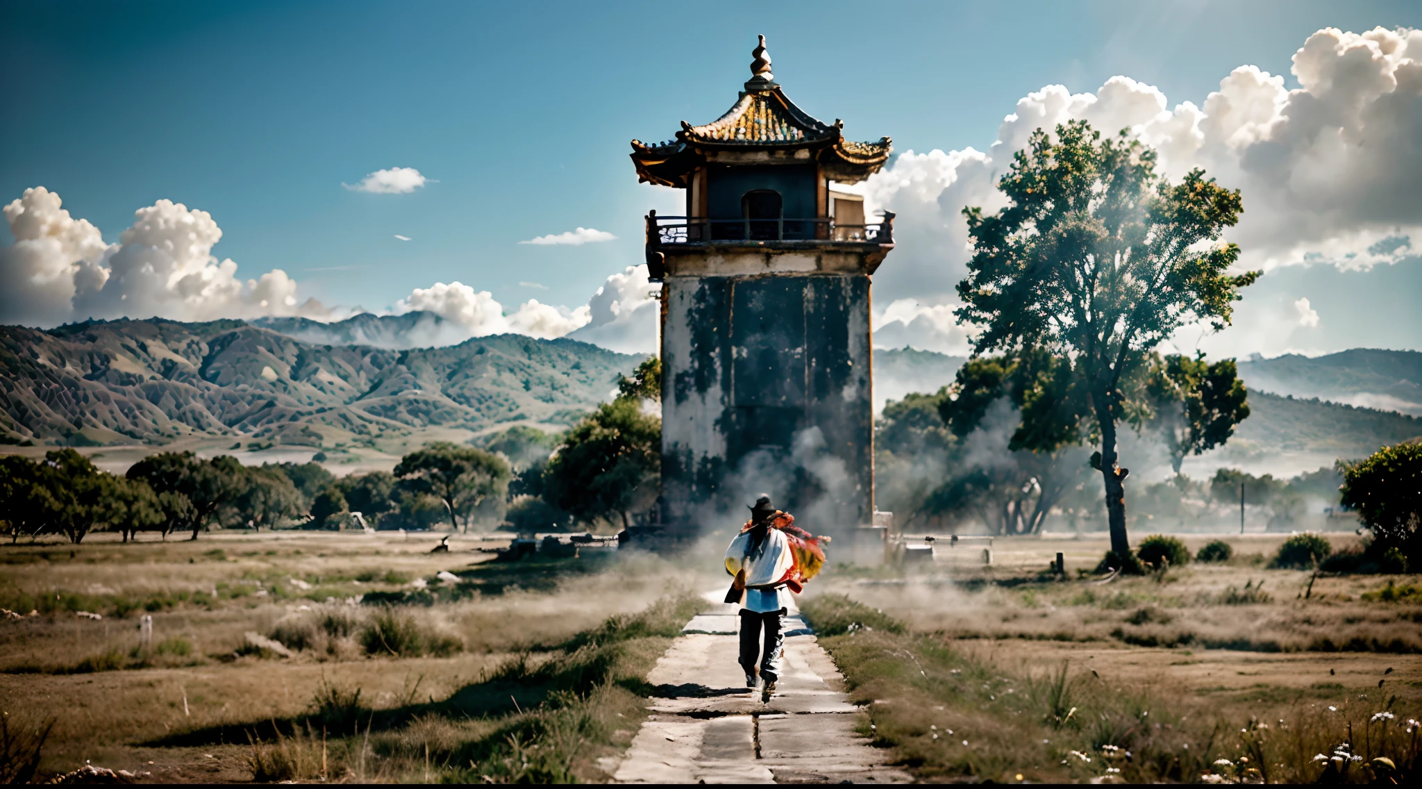 un camino blanco en medio de un campo multicolor, ((((Sol gigante)))),Hierba verde ondulada, ((Tai Chi)),,una pintura ultrafina y detallada de Daren Bader, Ganador del concurso Shutterstock, Neorromanticismo, Niebla suave, Hecho de niebla, Deviantart,Fujifilm XT3,por Steve McCurry, por alessio albi, Por Lee Jeffries, por Herb Ritts, por Jeremy Man,Poco probable, Limpio, Vista amplia, Commercial Photography