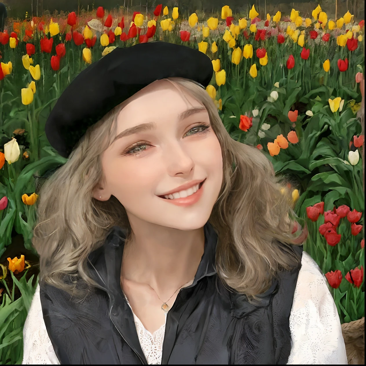 Woman in a black hat and black vest smiling in a field of tulips, Yelena Belova, usando um capuz e flores, Moleksandra Shchaslyva, Anastasia Ovchinnikova, Nadezhda Tikhomirova, Alina Ivanchenko, julia gorokhova, Viktoria Gavrilenko, Angelina Stroganova, Flores no fundo