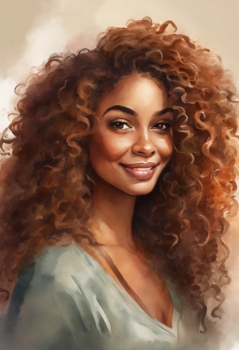 There's a young woman with curly hair smiling in a mirror, uma foto de Alexander Brook, pexels, arte de processo, Menina africana de pele clara, lindo bonito, cabelos cacheados, afro encaracolado, bonito bonito, curly middle part haircut, katelynn mini estilo bonito, cabelos castanhos cacheados, curly hair, franja encaracolado, encaracolado, seu rosto emoldurado com cachos, no estilo disney pixar