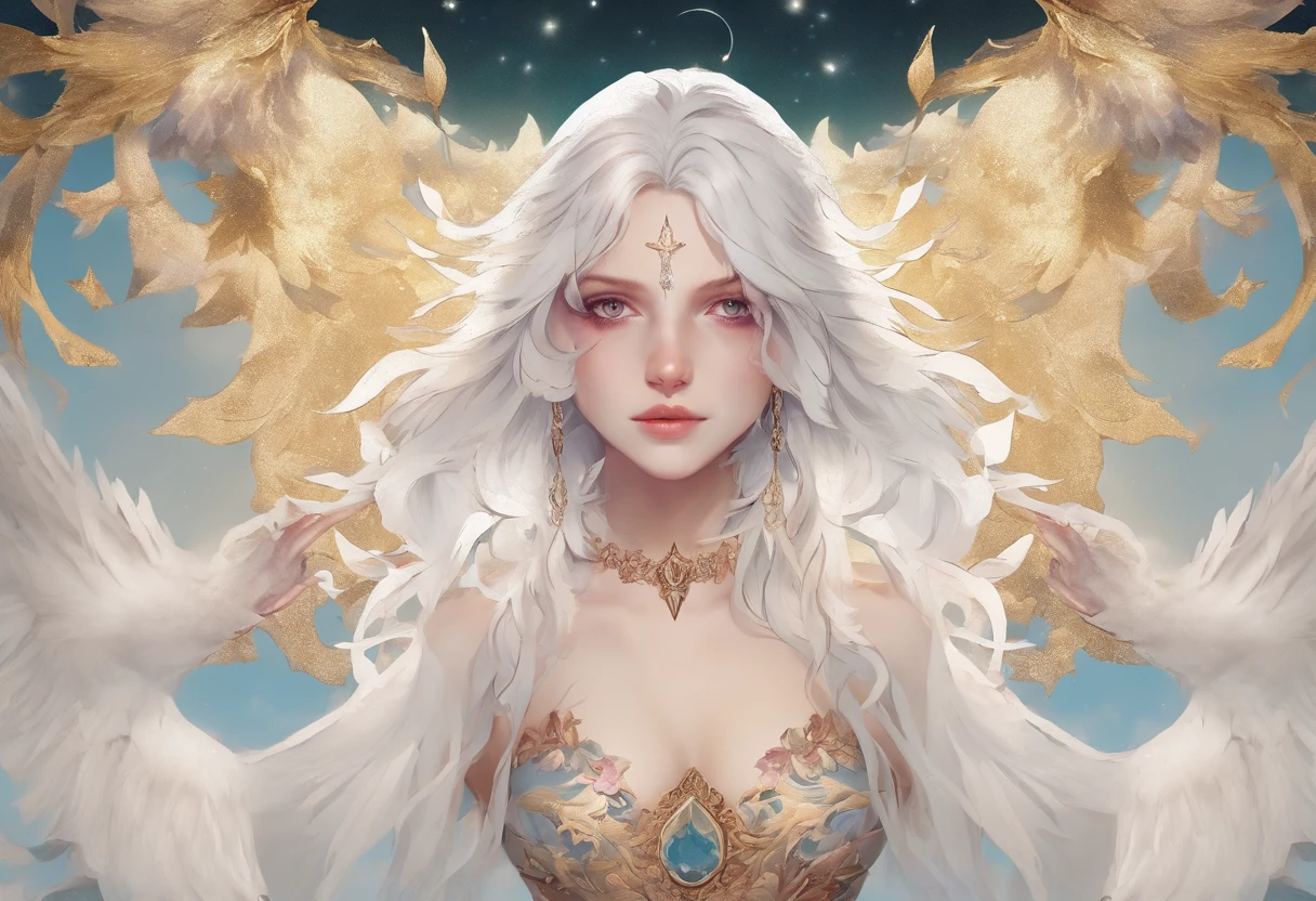 Mulher , adulta , roupas longas , cabelo Branco , (Tattoos on the arm, tatuagens no corpo , ), roupas brancas , white dress , maga , magia , celestial , semideusa , 5-fingered hands , magia , maga ,