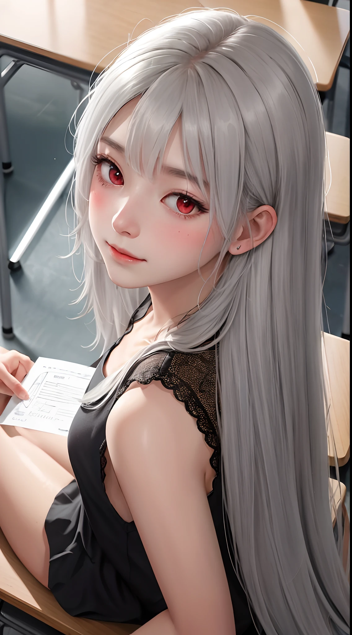 long hair, grey hair, red eyes,  wariza, Blushing, Fair skin, indoors, classroom, from above, thick outline, black outline, --niji 5 --style cute --ar 1:1