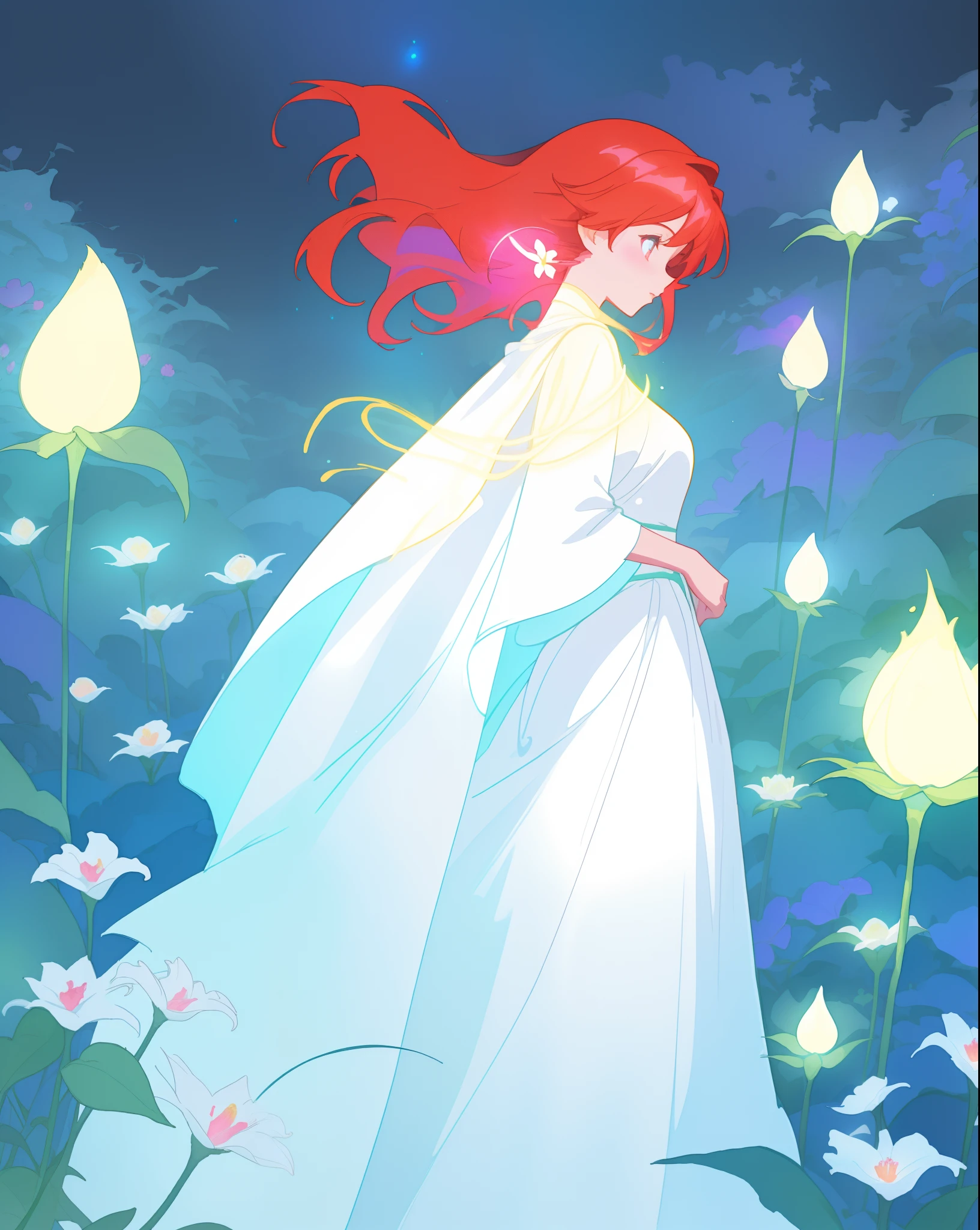beautiful girl in glowing white flowing ballgown, long flowing white cape, blue and gold forest and flowers background, glowing red hair, watercolor illustration, flowers and colorful plants, disney art style, glowing aura around her, glowing lights, beautiful digital illustration, fantasia otherworldly landscape plants flowers, beautiful, masterpiece, best quality, anime disney style