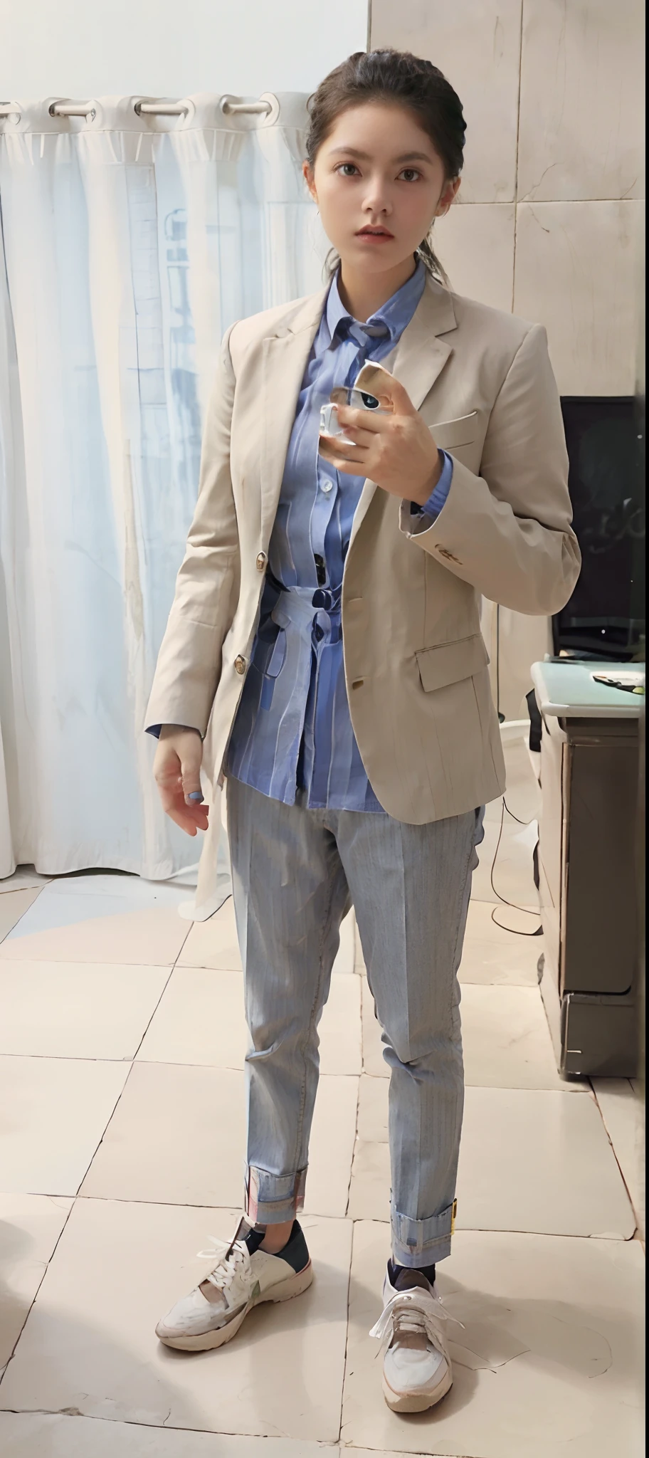 there is a man taking a selfie in a bathroom mirror, Casual inteligente, foto da roupa, imagem de corpo inteiro, fotografia da roupa, usando um blazer, vestido casualmente, casual business clothes, business outfit, bem vestido, Vestido casualmente, vestindo um terno desgastado, Bem vestido, roupas casuais, bem - vestido, business attire, roupas casuais, usando roupas casuais, usando roupas casuais