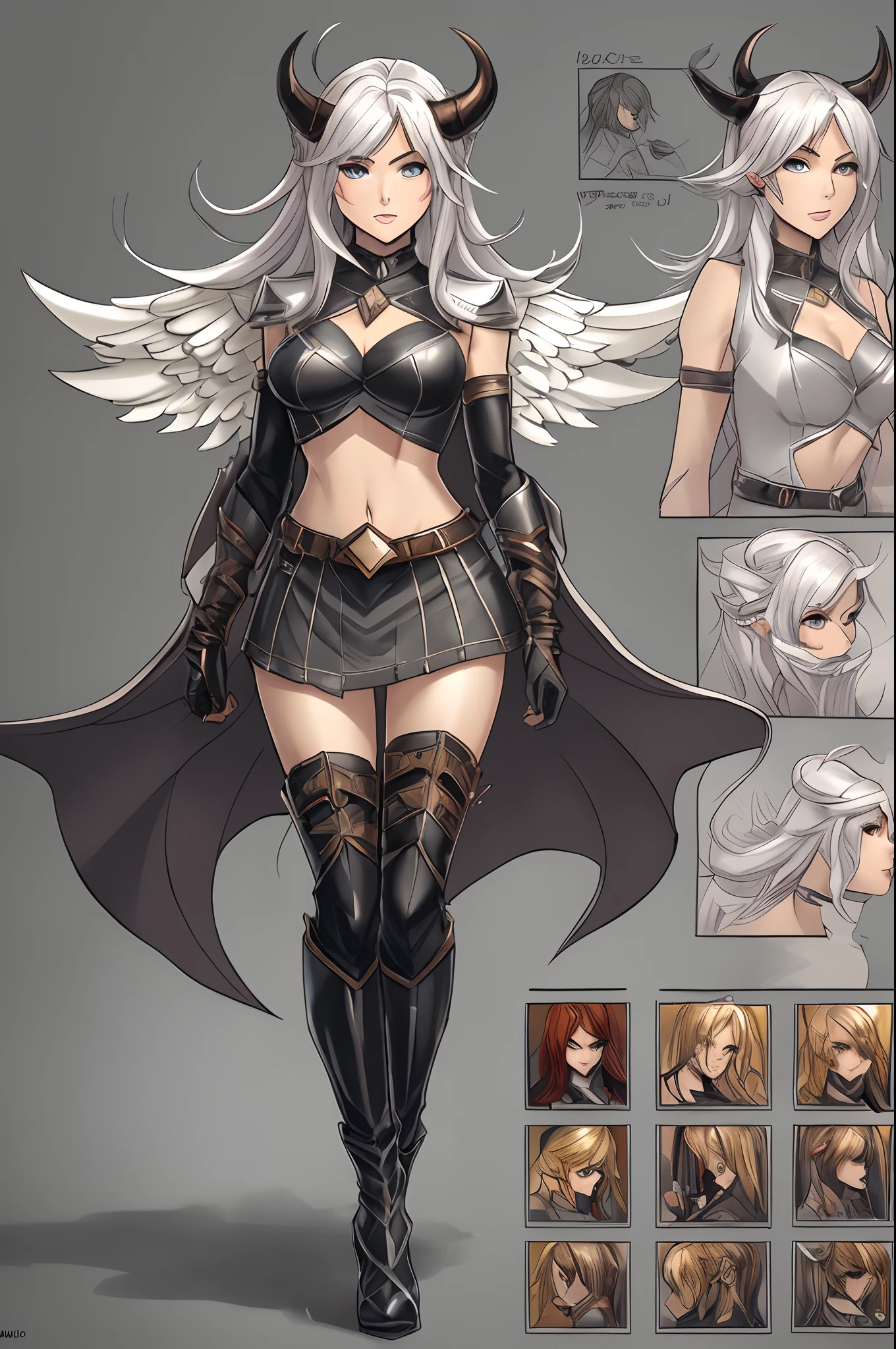 Close-up of a woman in a sexy outfit, wearing a mini skirt, with flowing hems, translucent fabric, ((character concept art)), ((Character design sheet, Same character, front, side, In back)) Character Image, graphic novel character design, adult comics, graphic novel character design, The women's hair is long silver with a golden parting, age: youth, eye color: heterochromia: One eye one is red, the other is black, (SCI-FI Одежда), Elau wears gloves with short cuffs on his hands, Wears special boots, with thin heels, high heels. When using certain skills, devilish horns appear on the head. He has a codename on his neck, High detail specialized concept art, Mysterious girl concept art, Fun character design. ConceptArt, avenging angel, (weapon:fire sword). --auto --s2