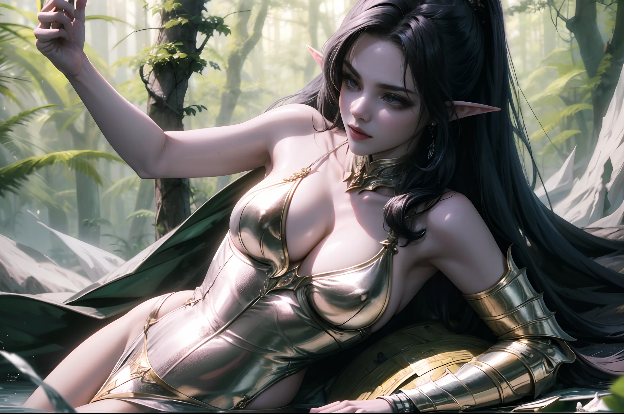 A girl，cabellos largos dorados，the elf，pointy ears，A detailed face，美丽细致的眼睛，Glossy lips，Exquisitehands，Five fingers，，SBG，grab chest，Breast lift，Beautiful curves，potbelly，Wide hips，thick thight，Steel masks，bikini armor，Fantasy armor，Lying in the forest，absurdist，A high resolution，Super sharp，8K，tmasterpiece，Pregnant women with，View the audience