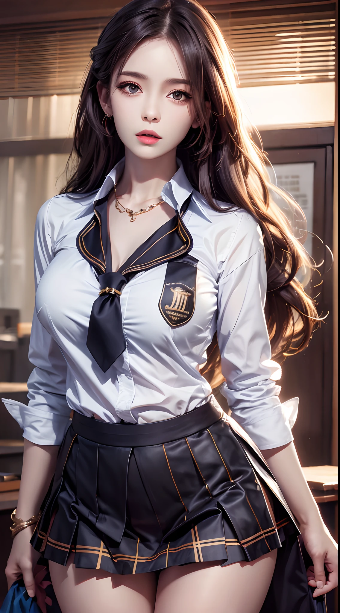 Photorealistic, high resolution, 1womanl, Mature female, Solo, Hips up, jewelry, Wavy hair, Long hair, school uniform, shirt, Skirt，