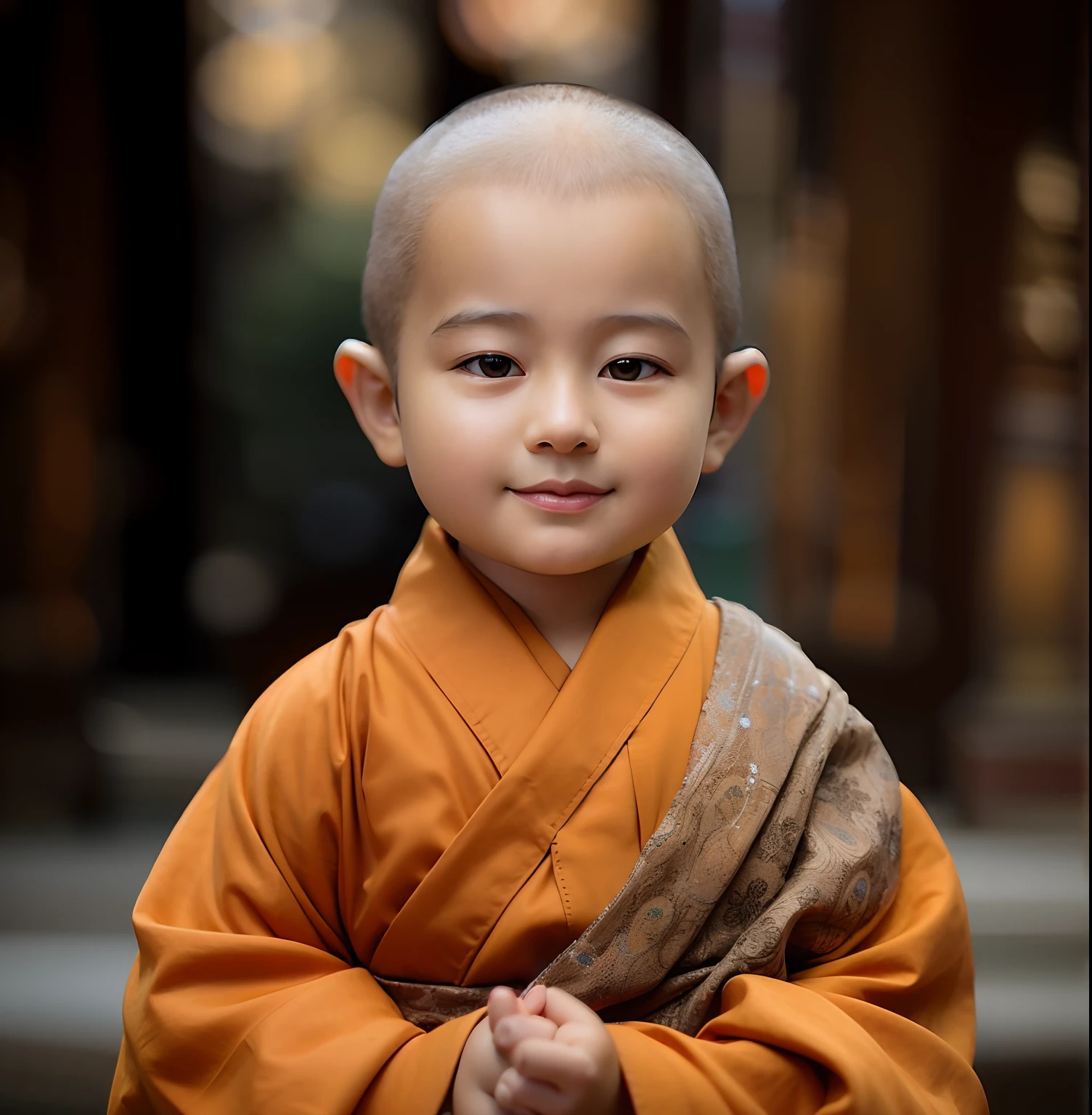 arafed in a robe standing in front of a building, buddhist monk, monk clothes, portrait of monk, wearing brown robes, monk, Buddhist, Serene expression, 2 1 st century monk, portrait shooting, a serene smile, littlwearing nun outfit, peaceful expression, kid, close up portrait shot, ancient japanese monk, dressed in simple robes