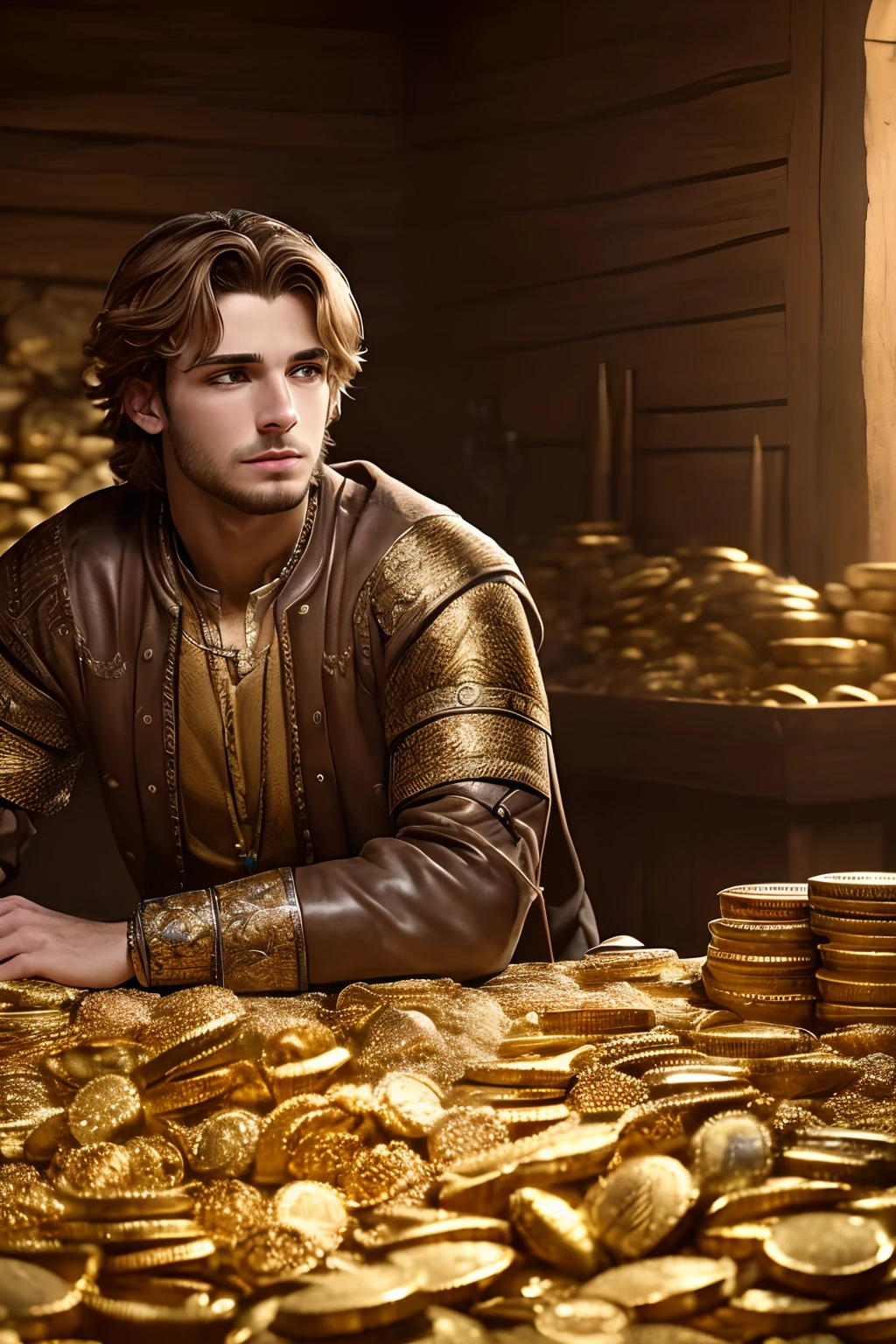 (Very detailed and high quality photos, masterpiece, best quality, 8k, 1080p) Medieval handsome young male merchant surrounded by piles of gold and jewels