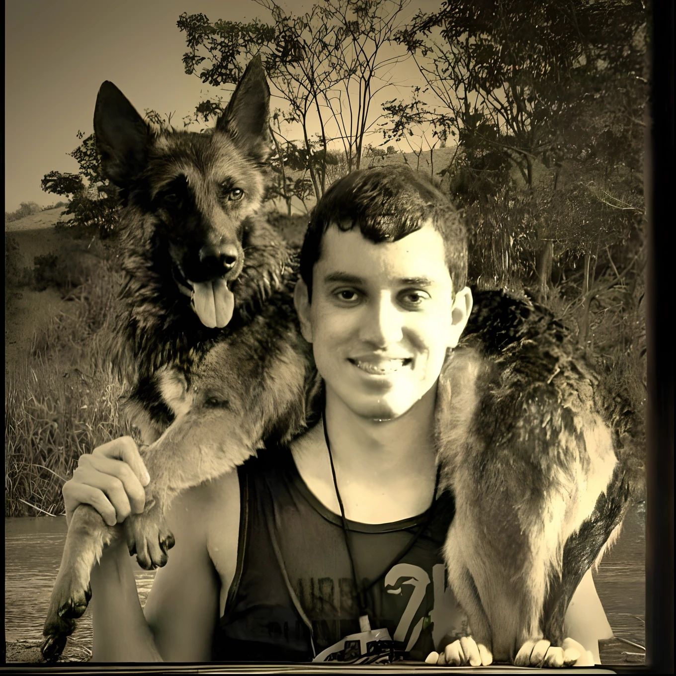 There's a man holding a dog on his shoulders, Directed by: Nandor Soldier, with his hyperactive little dog, Directed by: Emerson Silva, Directed by: Willian Murai, Directed by: Felipe Seade, Directed by: Samuel Silva, caio santos, with dogs, foto viral, with stray dogs, pet animal, mateus 9 5, Foto realista, Directed by: Luis Miranda, estilo pixar.