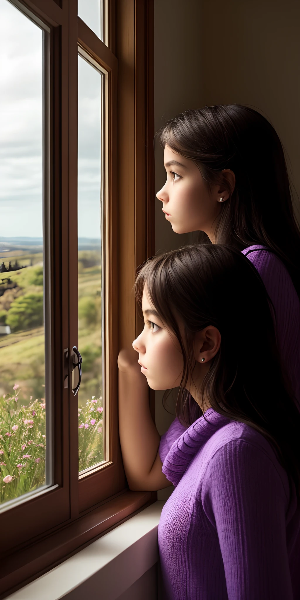 Princess staring out of a window in her castle. She looks deep in thought and a bit sad. She wears purple and there’s overgrowth surrounding the window. The view is from outside looking in