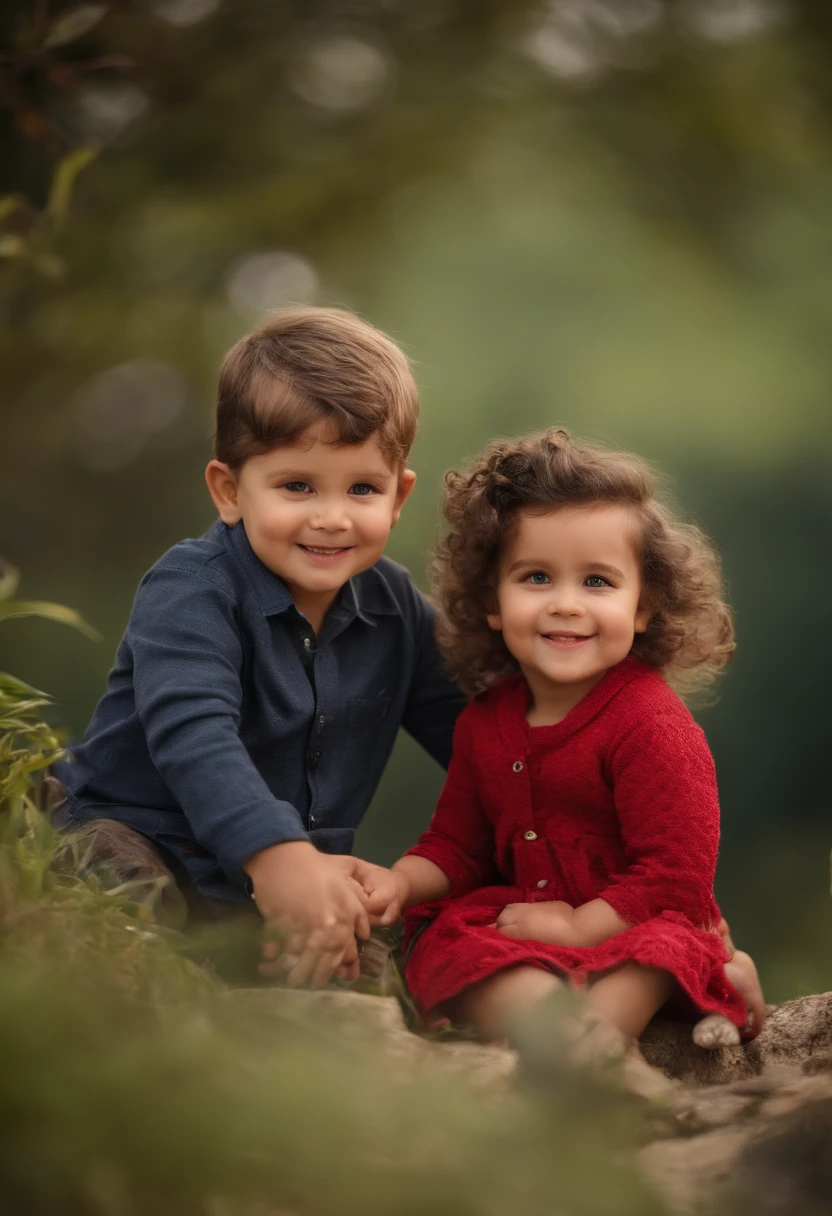 : Miguel, aproximadamente 5 anos de idade, cabelo curto estilo Disney, olhos castanhos e sorrisos. garota: Giovana, 2 anos, longos cabelos pretos e olhos azuis. scenecy: Miguel and Giovana are in a cozy little house in the valley, ao fundo um dia ensolarado, Destacando o Sol.