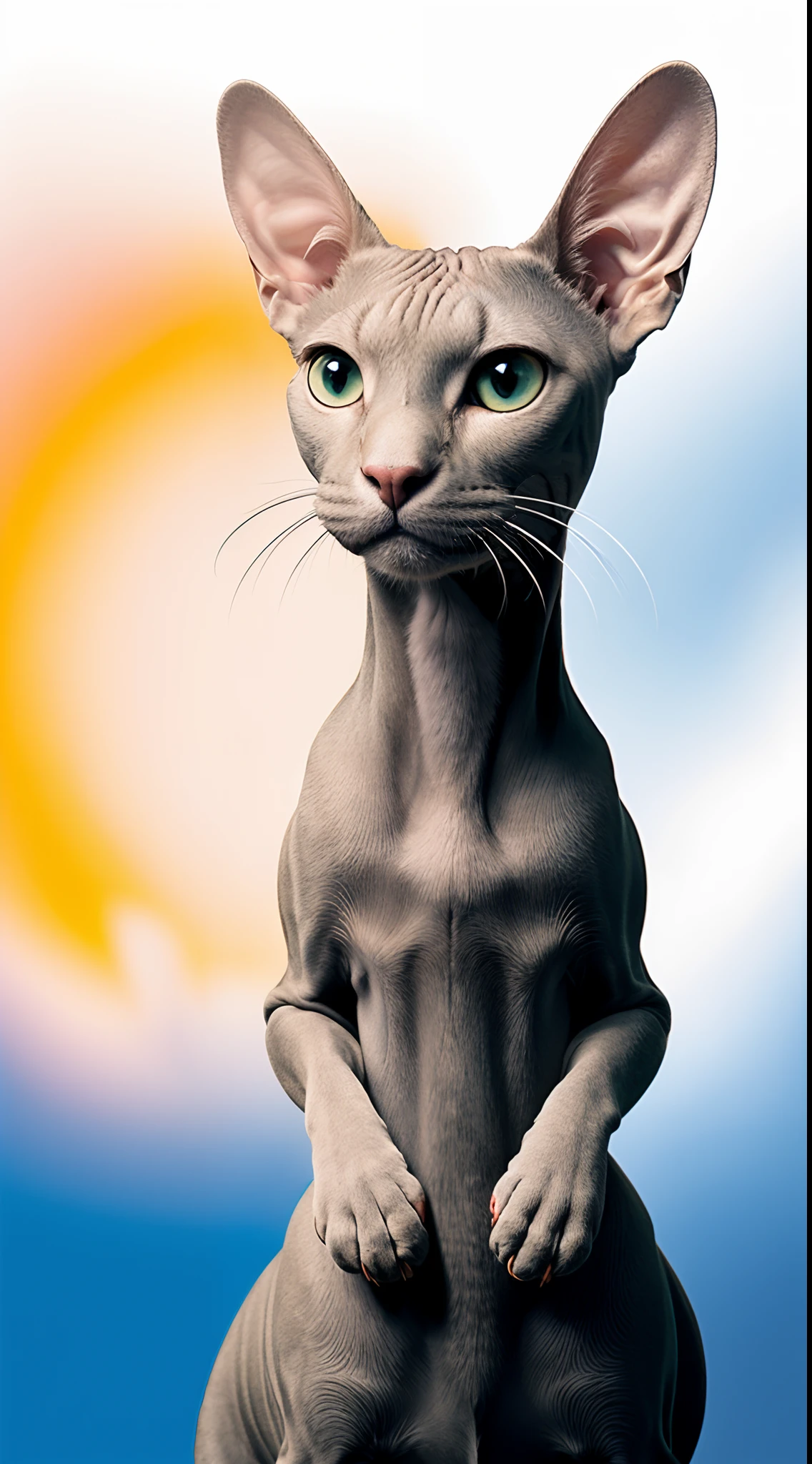 Disney pixar poster, Maltie, Sphynx cat with black tipped nose, black tipped ears, bright blue eyes