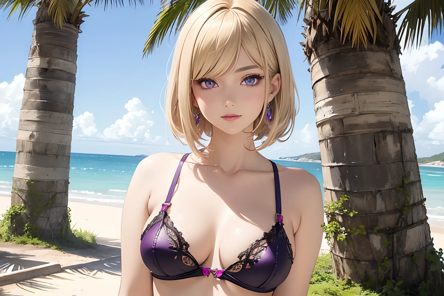 Realistic, Hyper Detail, Girls Only, Dynamic Lighting, (Glossy skin: 1.5), Masterpiece, Top Quality, Absurdity, , one side short layered bob,((Blonde:0,7) and (light purple inner color:0.3) Hair), deep Purple Clear Eyes,((Beautiful, detailed eyes, jewel-like eyes, sparkling eyes:1.3)) BREAK
a woman in a lingerie standing on a beach next to a tree, seductive anime girl, beautiful alluring anime woman, beautiful alluring anime teen, attractive anime girl, beautiful anime girl, realistic bikini, beautiful anime woman, anime girl, pretty anime girl, swimsuit, beautiful anime, beautiful anime artwork, | fine detail anime, anime best girl, detailed digital anime art