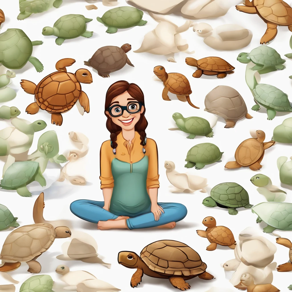 fundo branco, pixar desenhos animados 3D, :estilo pixar cartoon, The woman is sitting on the floor and there are pictures of children scattered around on the floor, ela possui cabelo castanho escuro ondulado ao ombro, Wears round brown glasses, next to her There is a happy turtle and also a photographic head