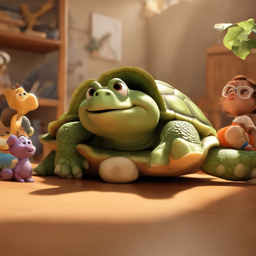 fundo branco, pixar desenhos animados 3D, :estilo pixar cartoon, The woman is sitting on the floor and there are pictures of children scattered around on the floor, ela possui cabelo castanho escuro ondulado ao ombro, Wears round brown glasses,  next to her There is a happy turtle and also a photographic head