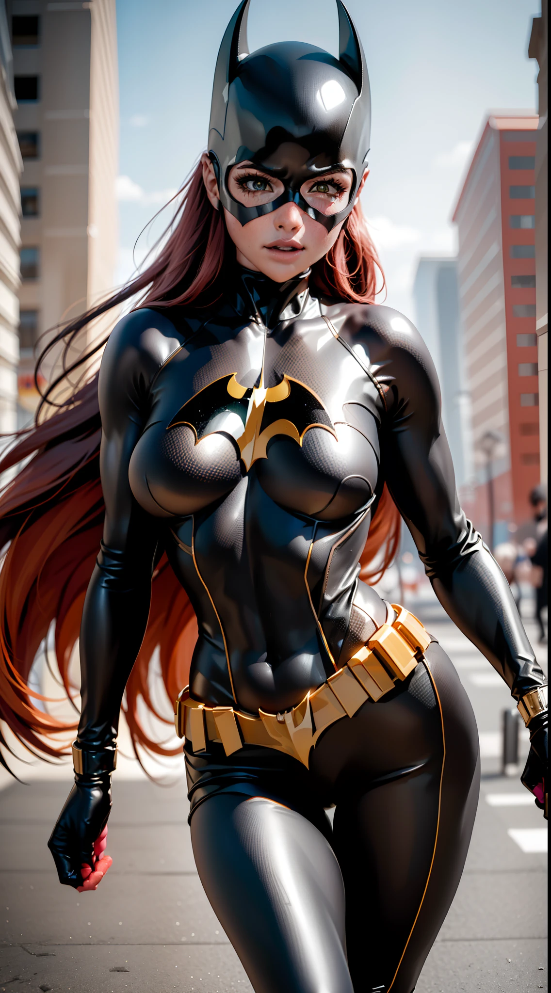 Buscar, Batgirlfit, cabelos muito longos, cabelos ruivos, cabelo entre os olhos, rabo de cavalo alto, Fechaduras laterais, Olhos azuis, Batgirl roupas brilhantes, impossible bodysuit, Pele apertada, bodysuit, Olhando para o Viewer sorrindo, (blush vermelho,irritado:1.2),(pernas musculosas:1.3), (heroic pose). (She's running through the city)