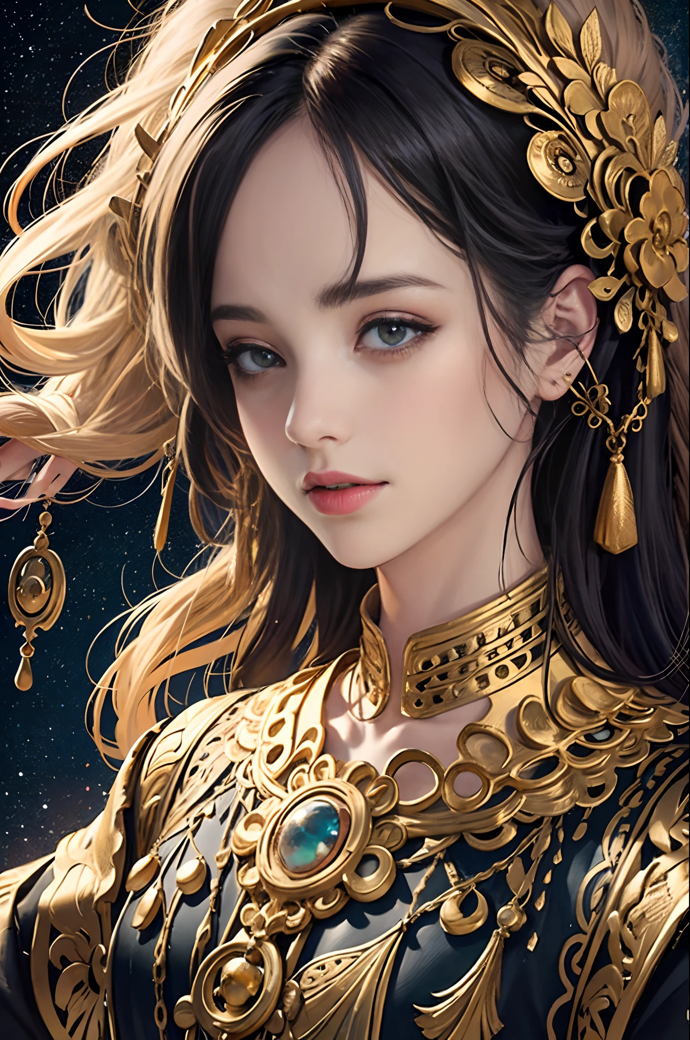 (masterpiece, top quality, best quality, official art, beautiful and aesthetic:1.2), (1girl), extreme detailed,colorful,highest detailed, official art, unity 8k wallpaper, ultra detailed, beautiful and aesthetic, beautiful, masterpiece, best quality, (zentangle, mandala, tangle, entangle) ,holy light,gold foil,gold leaf art,glitter drawing, PerfectNwsjMajic
