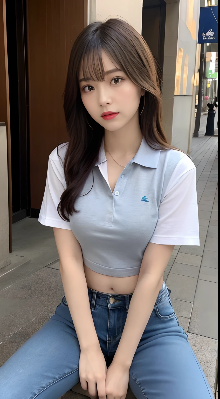 finely detail, hight resolution, hightquality、Perfect dynamic composition, Beautiful detailed eyes, Medium Hair, small tits、Natural Color Lip,Kamimei、Shibuya、20 years girl、1 persons、Transparent skin、Glowing hair、masutepiece, Best Quality, Ultra-detailed, finely detail, hight resolution, 8K、The correct state of the human body、crouching down、Gravure Model Pose,Beautiful sunset,In front of the café,beautiful ilumination,Photographed with hair fluttering in the wind,Colossal tits:1.3,((I can see the cleavage:1.5,Wearing a polo shirt that shows your stomach:1.5,denim pant:1.5,Take off your clothes to show a slightly toned belly))