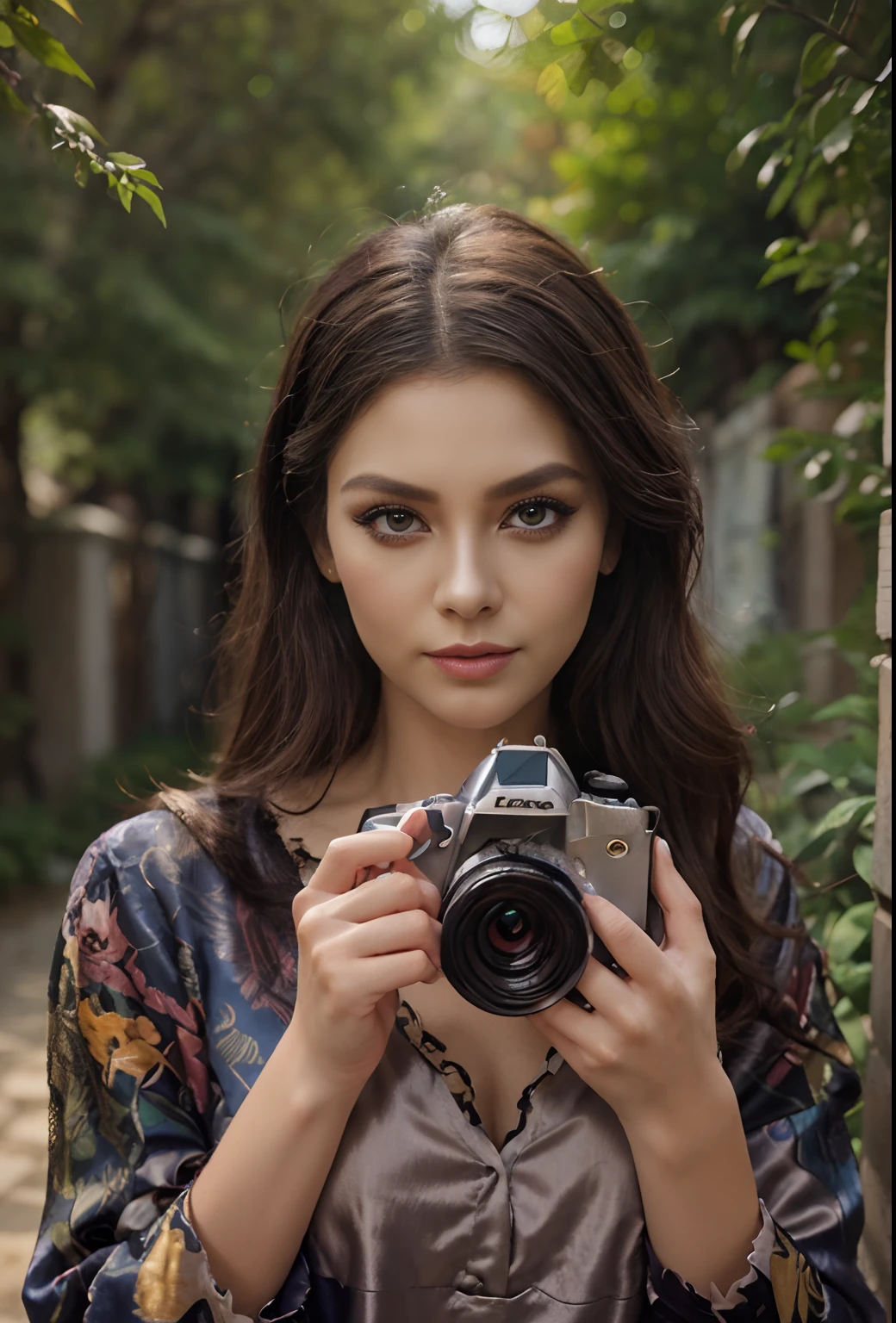 Masterpiece, Best Quality, 3D Rip Artwork, 3DMM Style, Close-up, Portrait, Realism, a woman beautifully makeup, eyeshadow, Parted Lips, Challenge Eye, beautiful big eyes, long eye lashes, (( batik satin shirt)), strolling on a trail in the spring, garden, rive
