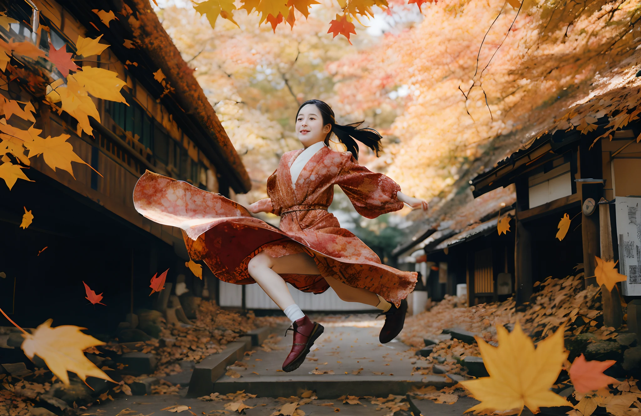 masutepiece、​masterpiece、high-level image quality、An ultra-high picture quality、shot with Nikon Z9、A woman in a kimono jumps in the air in front of a building, The wind blows the leaves, zora々Shishi Japan of Girls, Empress of autumn, Falling Magic Leaves, Leaves with the wind, A Japanese Lady, palatial palace ， a girl in hanfu, Colored leaves, Beautiful Autumn Spirits, autumn season, Autumn winds, japanese kimono, in autumn, floating robes