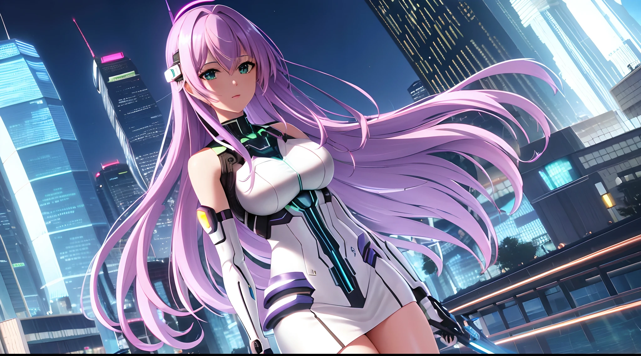 Athena with plain long light purple hair,hair between eyes,green eyes,rosy cheeks,full lips,thin eyebrows,slender body,wearing futuristic cyber armor and full long skirt,cute anime girl,full body,futuristic city skyscrapers in background,anime style,extremely deep depth of field,Lumen Reflections,Screen Space Reflections,Diffraction Grading,Chromatic Aberration,GB Displacement,Scan Lines,Ray Traced,Anti-Aliasing,FXAA,TXAA,RTX,SSAO,Shaders,OpenGL-Shaders, GLSL-Shaders,Post Processing,Post-Production,cell Shading,Tone Mapping,CGI,VFX,SFX,insanely detailed and intricate, 4K,standing, solo, masterpiece, best quality, detailed face, detailed eyes, highres, standing, solo,masterpiece, best quality
