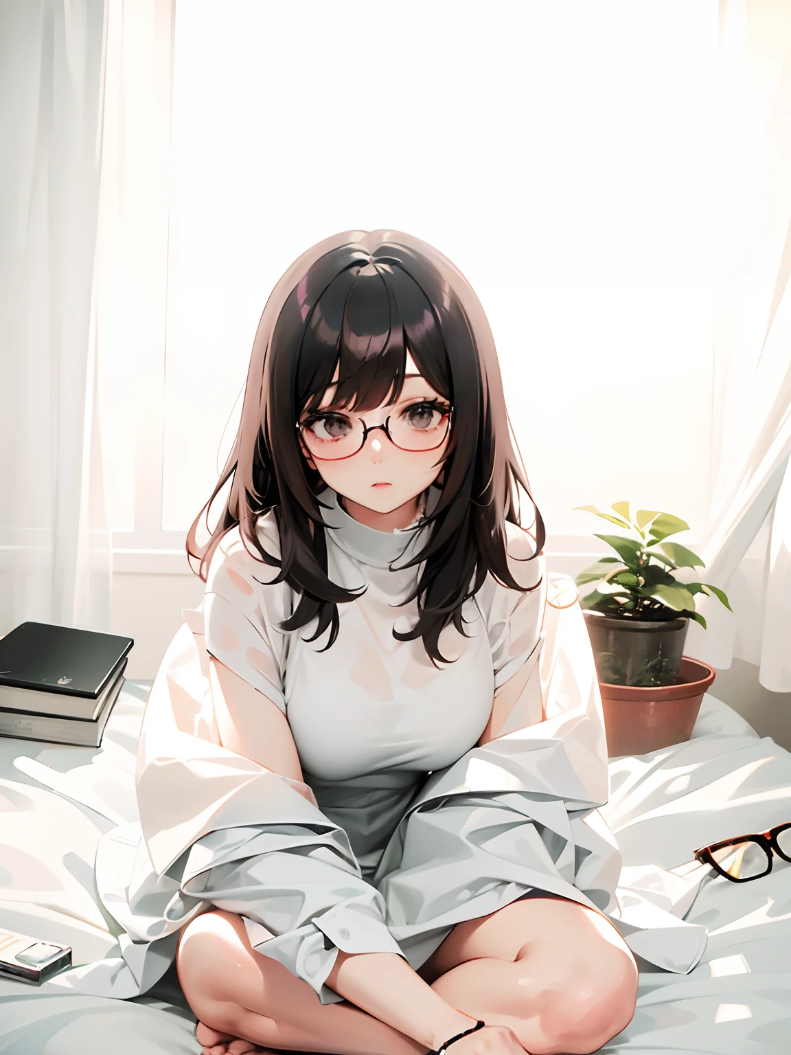 there is a woman sitting on a bed with a white shirt, with glasses, neat hair with bangs, with short hair, ulzzang, ruan cute vtuber, white hime cut hairstyle, with short hair with bangs, long hair with full bangs, long hair with bangs, wearing thin large round glasses, hair whitebangs hair, with long hair