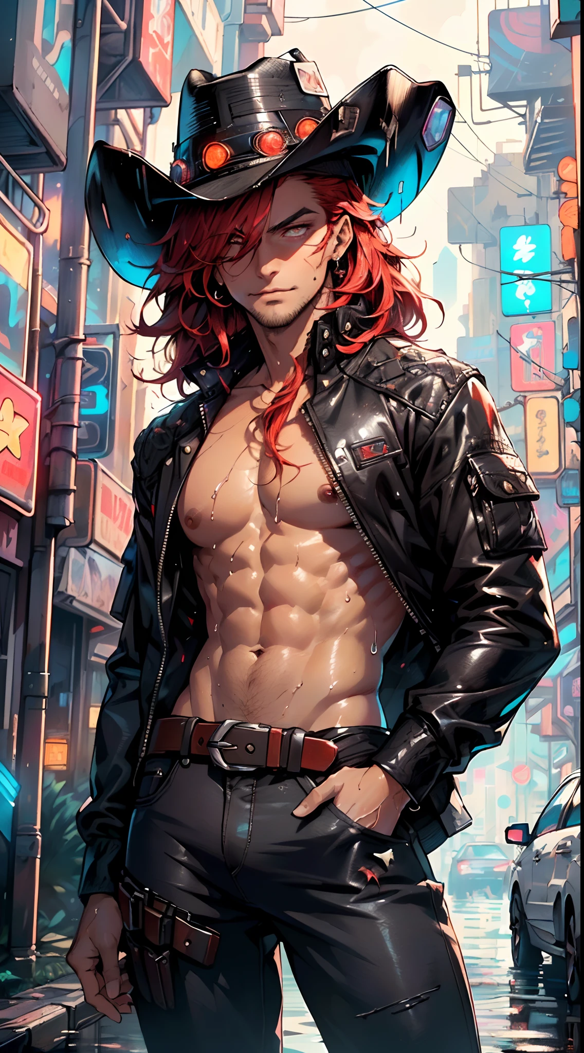 (man:1.5),1 man,cyberpunk gunslinger,(((1man))),((man with messy red hair)),
(((1male,man:1.5,handsome man,male,male gender:1.5,male focus))),macho man,((messy red hair,dark_red_hair,detailed hair,highly detailed hair,red hair,hair over one eye:1.2,dyed interior hair,colored inner hair)),(((dark_red_eyes:1.2))),intricate eyes,beautiful detailed eyes,symmetrical eyes,(((lustrous skin:1.5,tanned skin,bright skin: 1.5,skin tanned,shiny skin,very shiny skin,shiny body,illuminated skin))),((man chest)),handsome face,((muscular)),(((detailed face))),
alluring look,nsfw,
(((bare chest))),dark pants,((bulge in pants)),((gunfighter outfit, (cyberpunk cowboy_hat:1.2))),(wearing a gunfighter outfit:1.3,gunslinger clothes),(cyberpunk gun holster,belt),((wet clothes,intricate outfit,intricate clothes)),
(dynamic pose:1.0),solo focus,((evil smile,evil look)),(centered,scale to fit dimensions,Rule of thirds),
cyberpunk city by the ocean at night, with bright neon signs and dark stormy clouds and puddles, scenery:1.25,starry night, cosmos,
highres, sharp focus, (ultra detailed, extremely detailed), (photorealistic artwork:1.37),(extremely detailed CG unity 8k wallpaper),((synthwave background theme)),(((vibrant colors))),(intricate background),(masterpiece),(best quality),