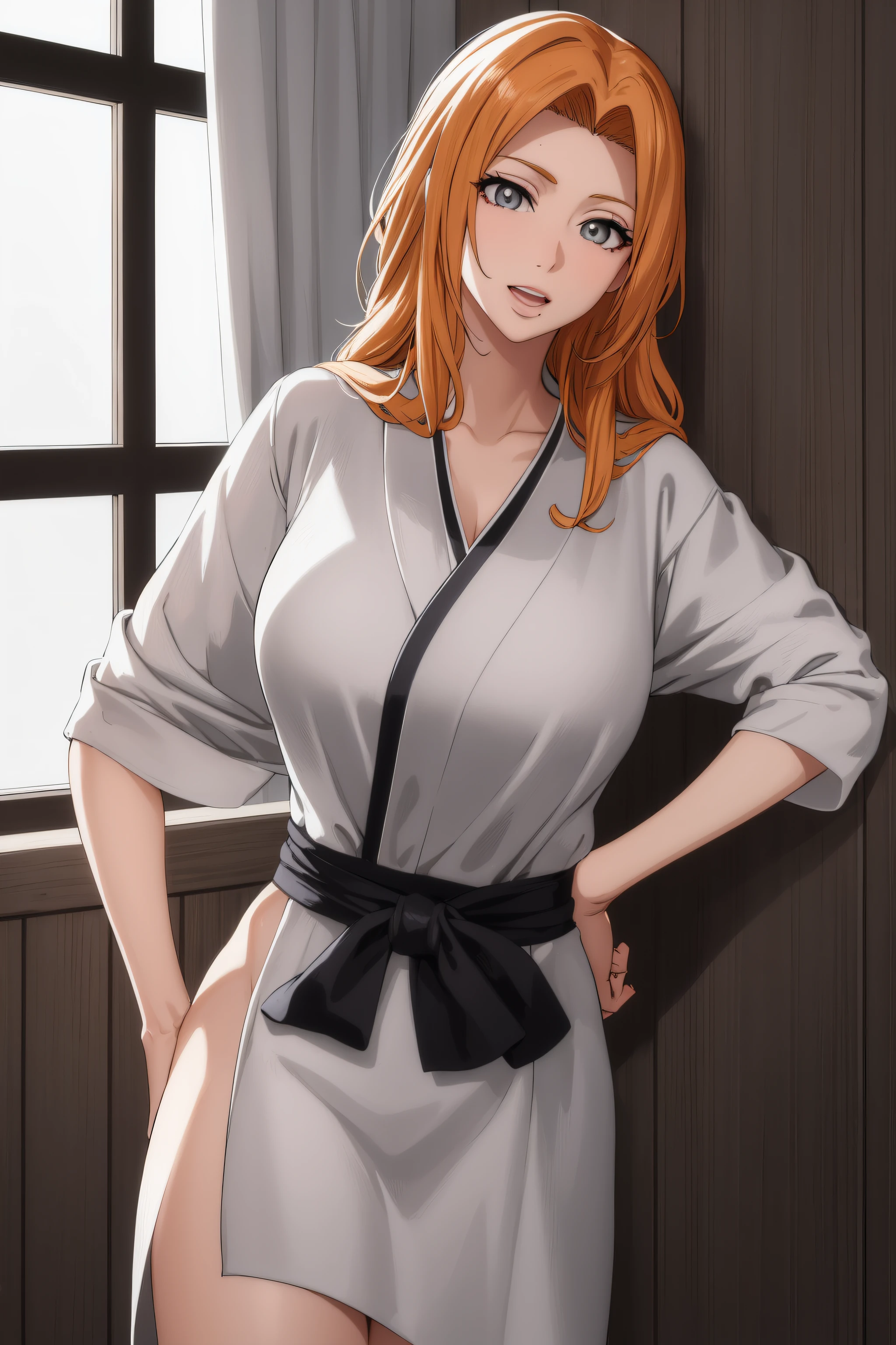 (Masterpiece, Best Quality, High Quality), from side,volumetric lighting, illustration, beautiful, perfect lighting, perfect shadows, (breathtaking scenery:1.1), blushing,  standing, honoka kousaka, blue eyes, orange hair,karate gi,white karate custom, black karate belt,no bra, cleavage, sweating, exited smile , detailed floating hair strands, castlevania style, closed mouth ,thicc legs , skindentation , holding fist, serious ,posing, areola slip 