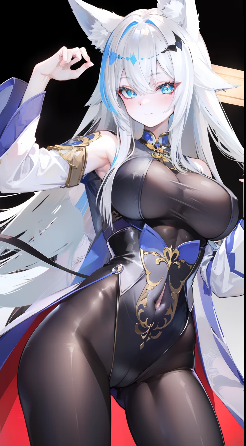 Light smile, whaite hair, 8K, Best quality，black pantyhose，big boobs，shinano，fox ears，white hair，bunny girl clothes.