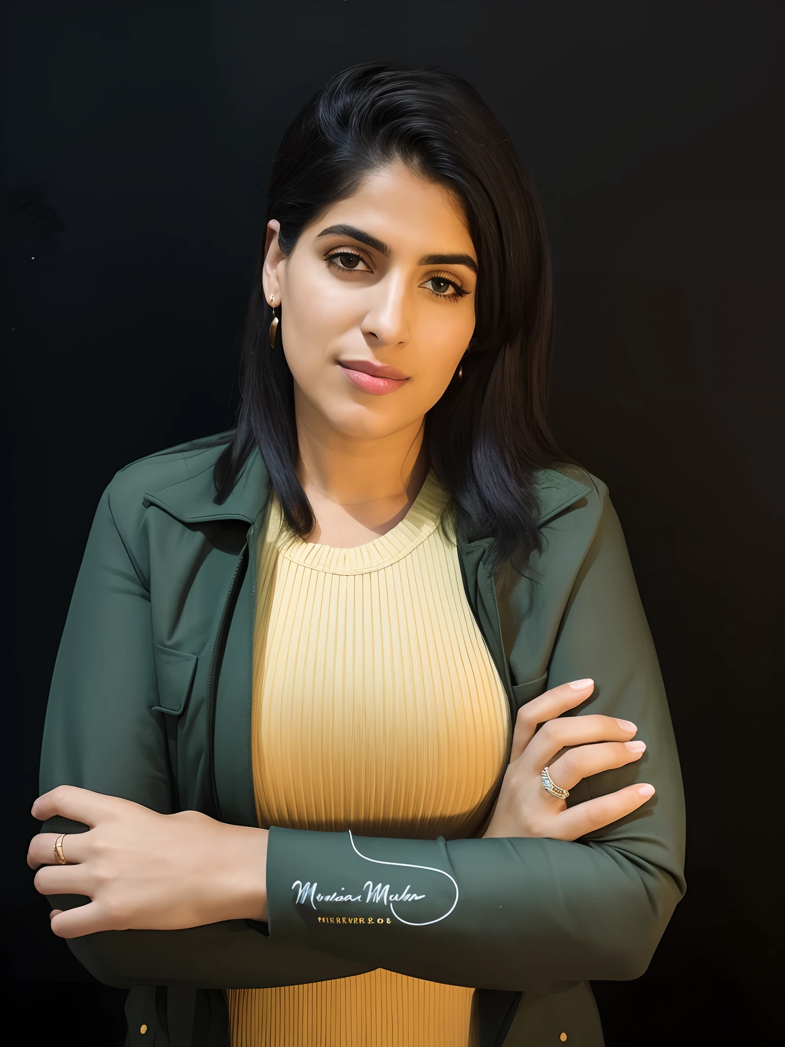 There's a woman in a green jacket and a tan top, Retrato de Morana, Marischa Becker, Directed by: Maryam Hashemi, Andou na escola chatzipanagiotou, na frente de um fundo preto, Christina Kritikou, Foto de uma mulher, Sara Ali, Mina Petrovic, Violeta Myers, modelo da mulher, inspirado por Maryam Hashemi