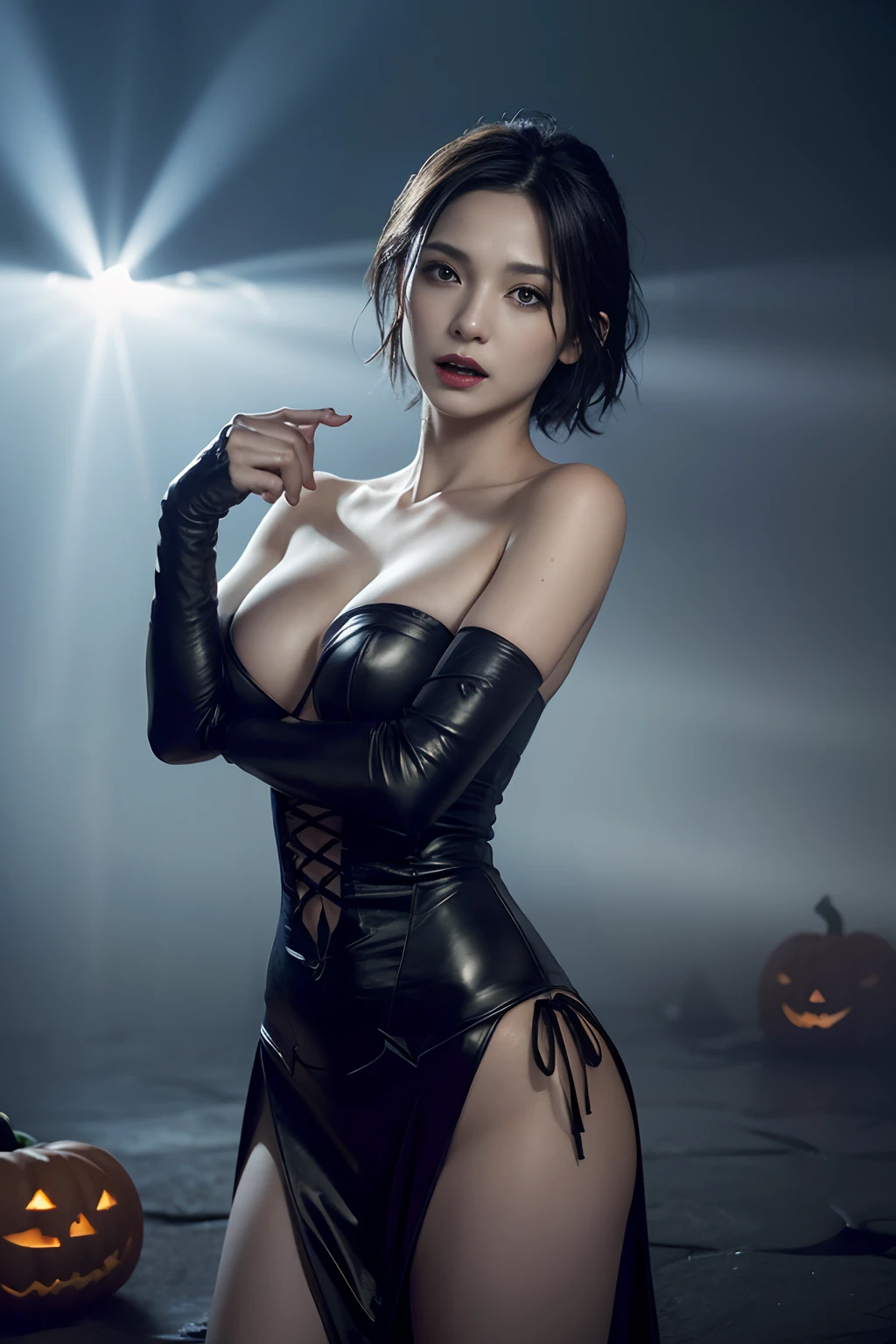 (masterpiece:1.2), ultra detailed, ultra high res, (realistic, photo realistic:1.37), high detail RAW color photo, professional photograph, an extremely delicate and beautiful, extremely detailed, 8k wallpaper, Amazing, finely detail, huge file size, extremely detailed beautiful girl, extremely detailed face, extremely detailed eyes, extremely detailed skin, extremely detailed fingers, highly detailed nose, highly detail mouth, Perfect Anatomy, Highly detailed background, (a famous actress of Japan:1.2), (gals:1.3), (flat chest), (Very short hair:1.2), Dynamic lighting, (Any pose:1.5), (vampire costume, Dark fantasy concept art, Moonlight Beam, A Gothic Church, Volumetric fog, god rays, Lightning:1.5), (Jack-o'-lantern:1.6),